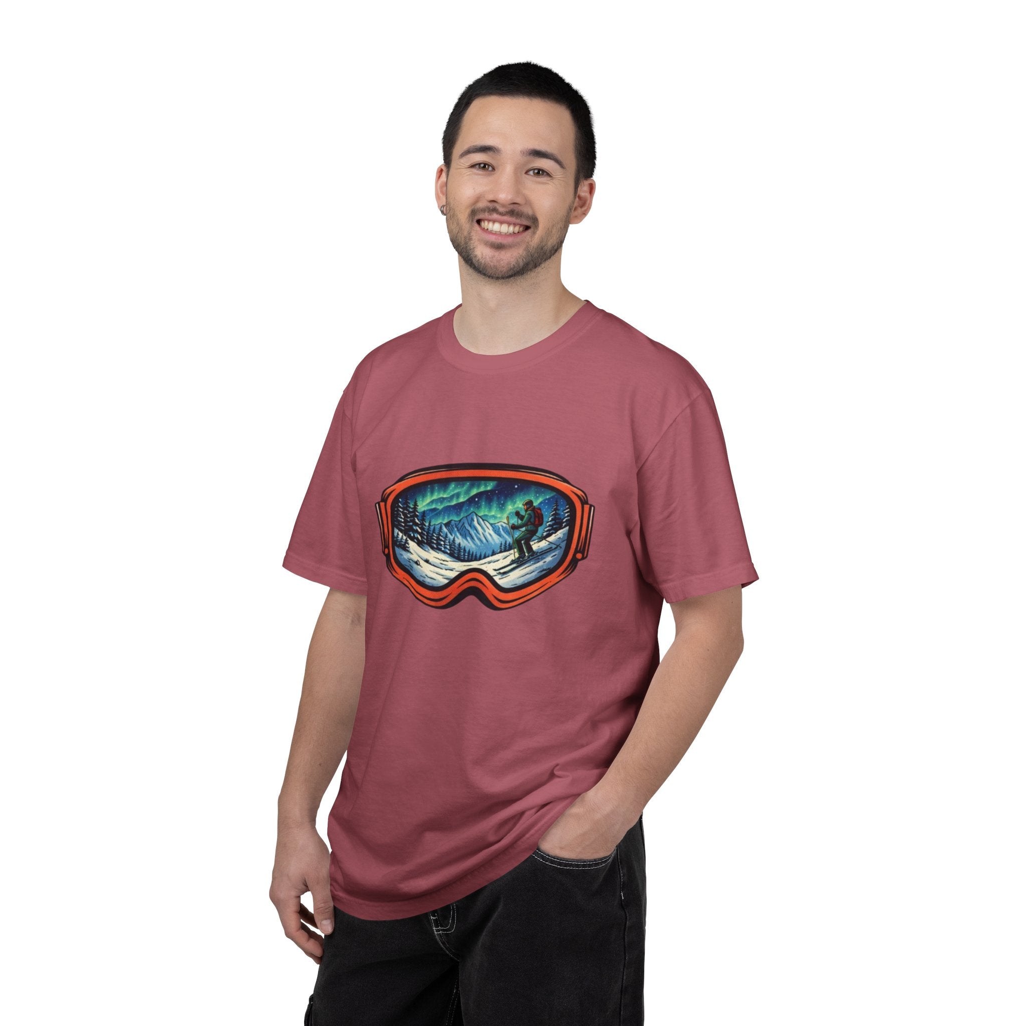 Northern Lights Ski Goggles T-Shirt | Aurora Skiing Landscape Design