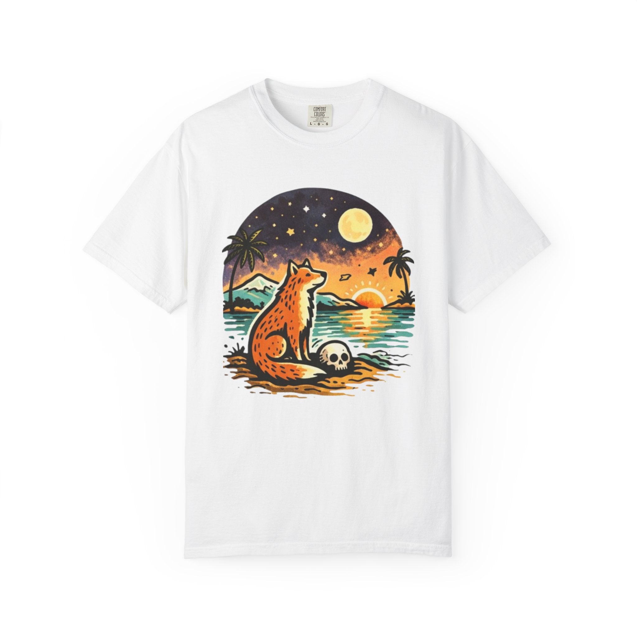 Fox Sunset T-Shirt - Beach Fox Graphic Tee with Skull, Moon & Palm Trees