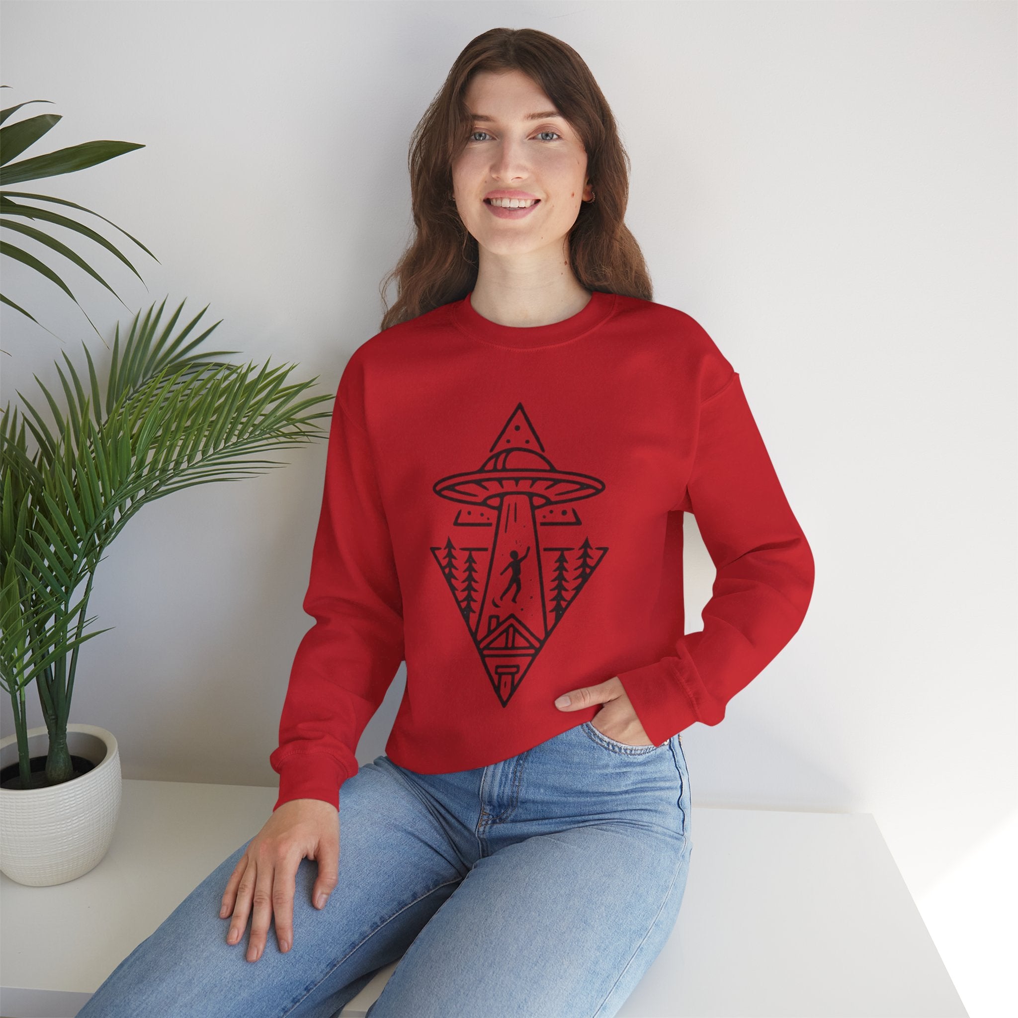 Alien Abduction Crewneck Sweatshirt | Geometric UFO Forest Design
