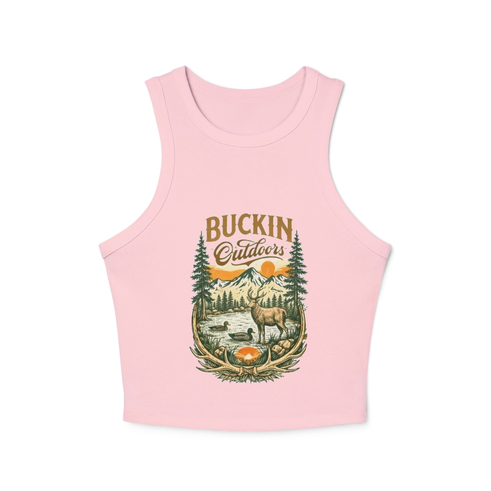 Buckin Outdoors Racer Tank | Womens Crop Tank Top with Vintage Elk Camping Design