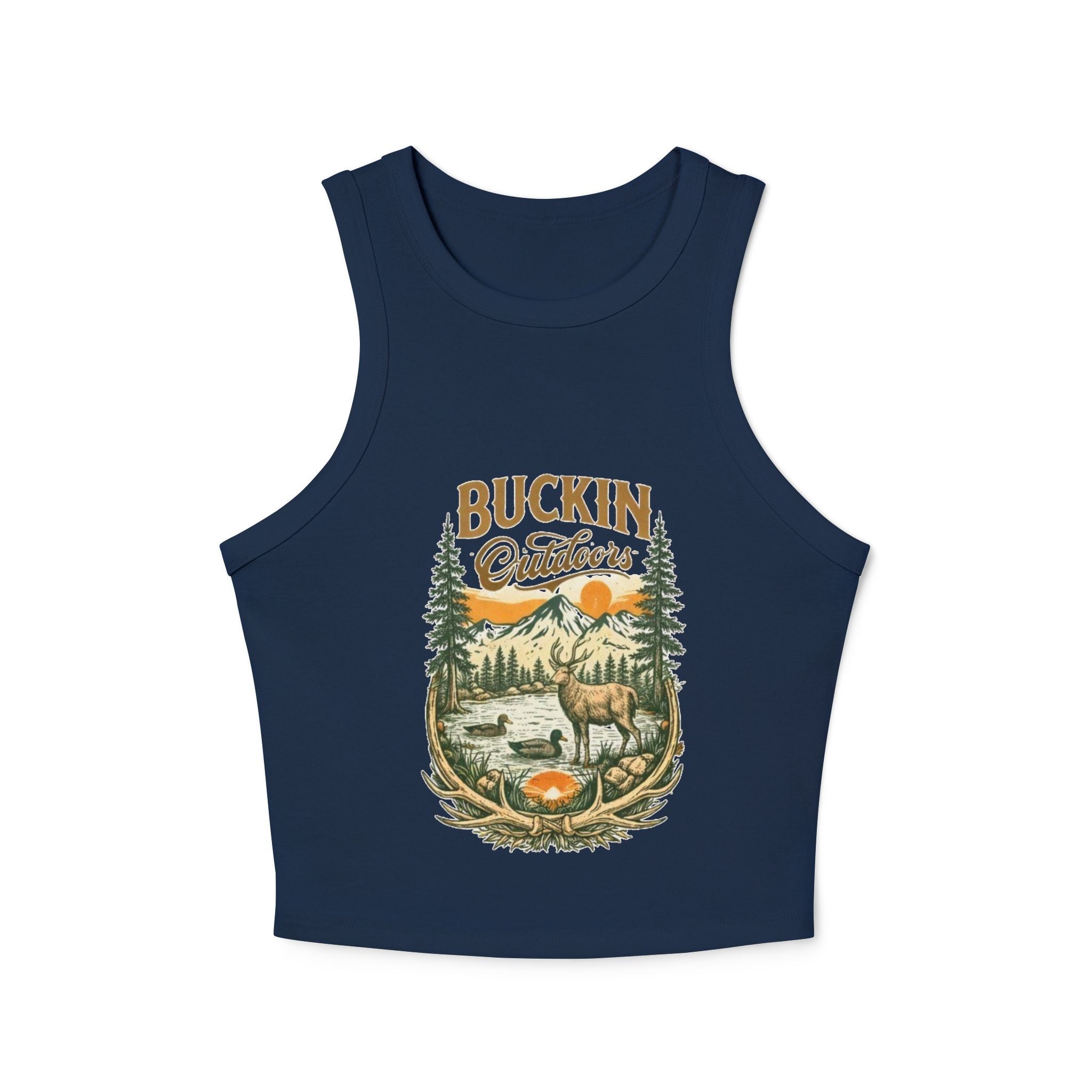 Buckin Outdoors Racer Tank | Womens Crop Tank Top with Vintage Elk Camping Design