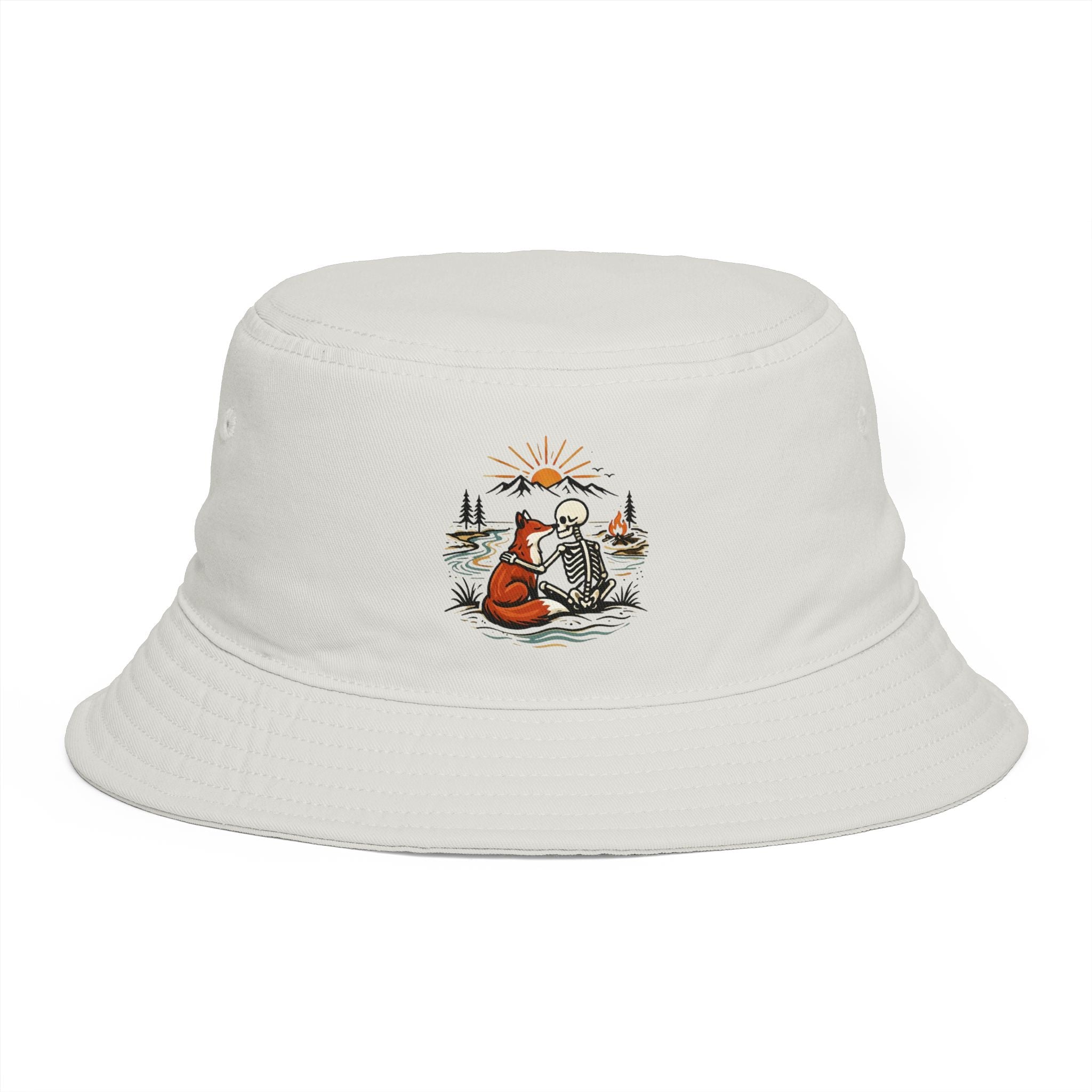 Adventure Fox & Skeleton Bucket Hat | Retro Nature Camping Graphic