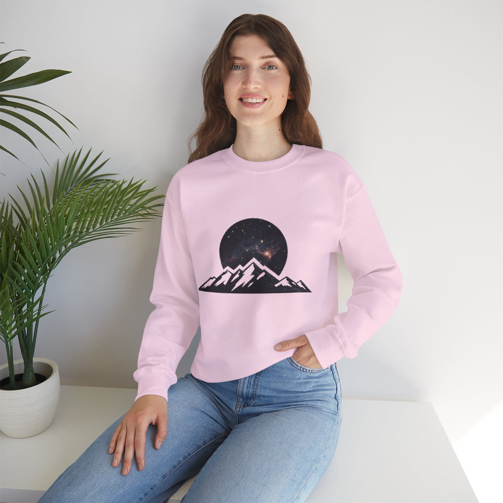 Mountain Night Crewneck Sweatshirt | Galaxy Moon & Peaks Graphic