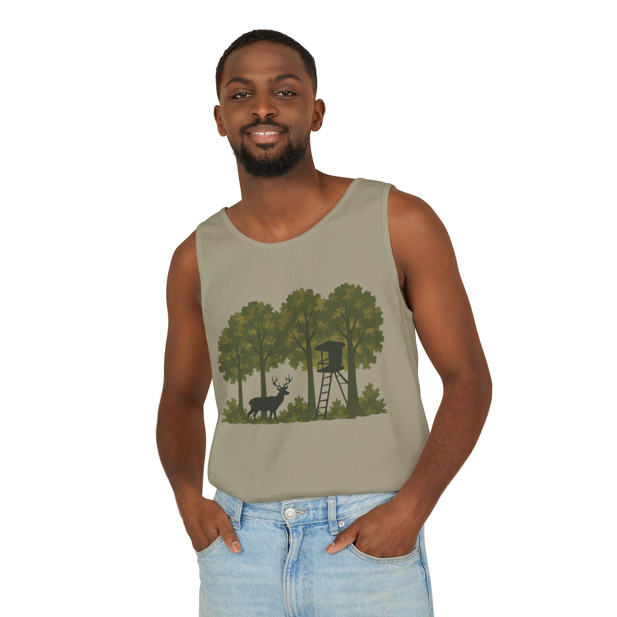 Deer Stand Woodland Tank Top | Hunting Cabin Forest Silhouette