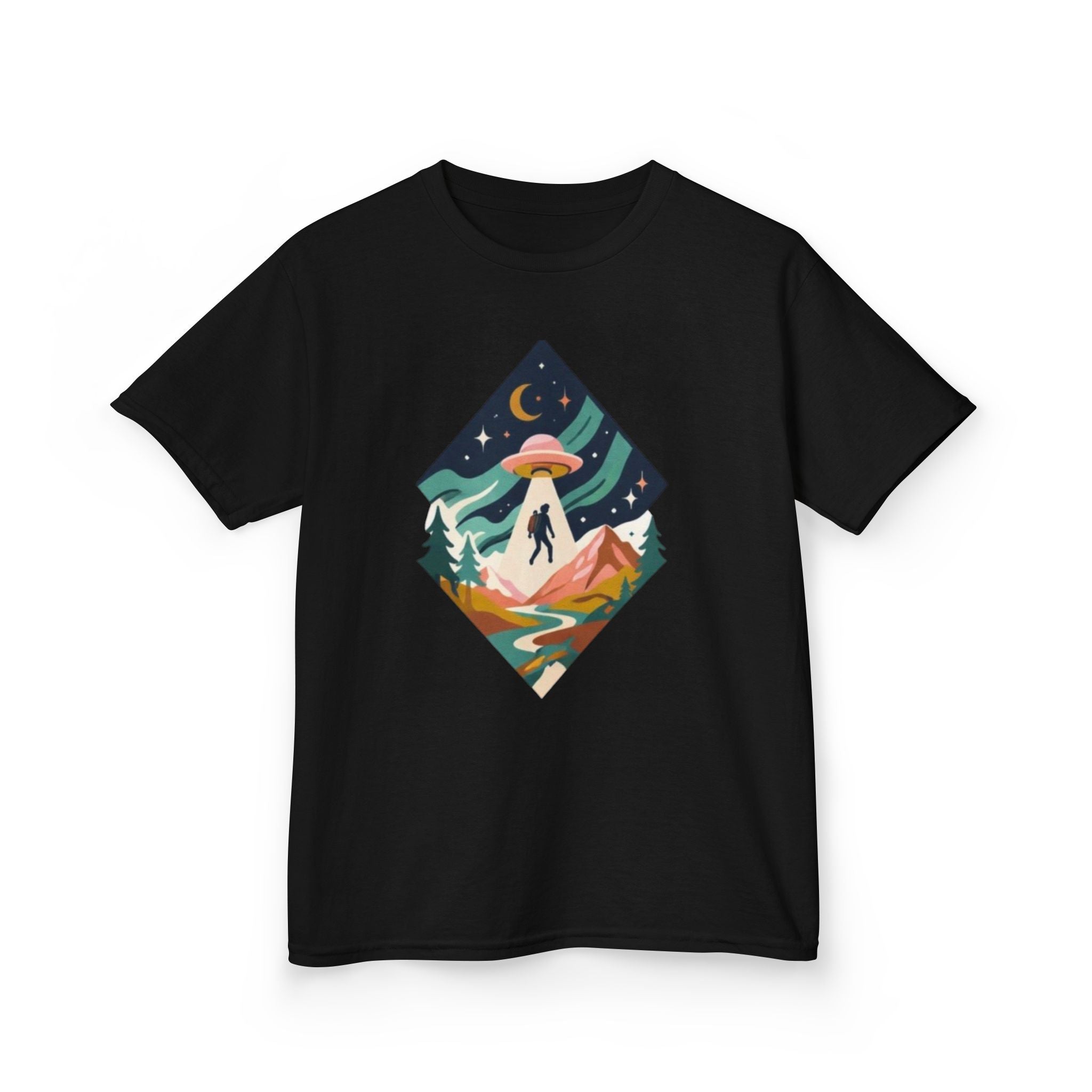 Kids Tee | Colorful UFO Abduction Mountain Scene