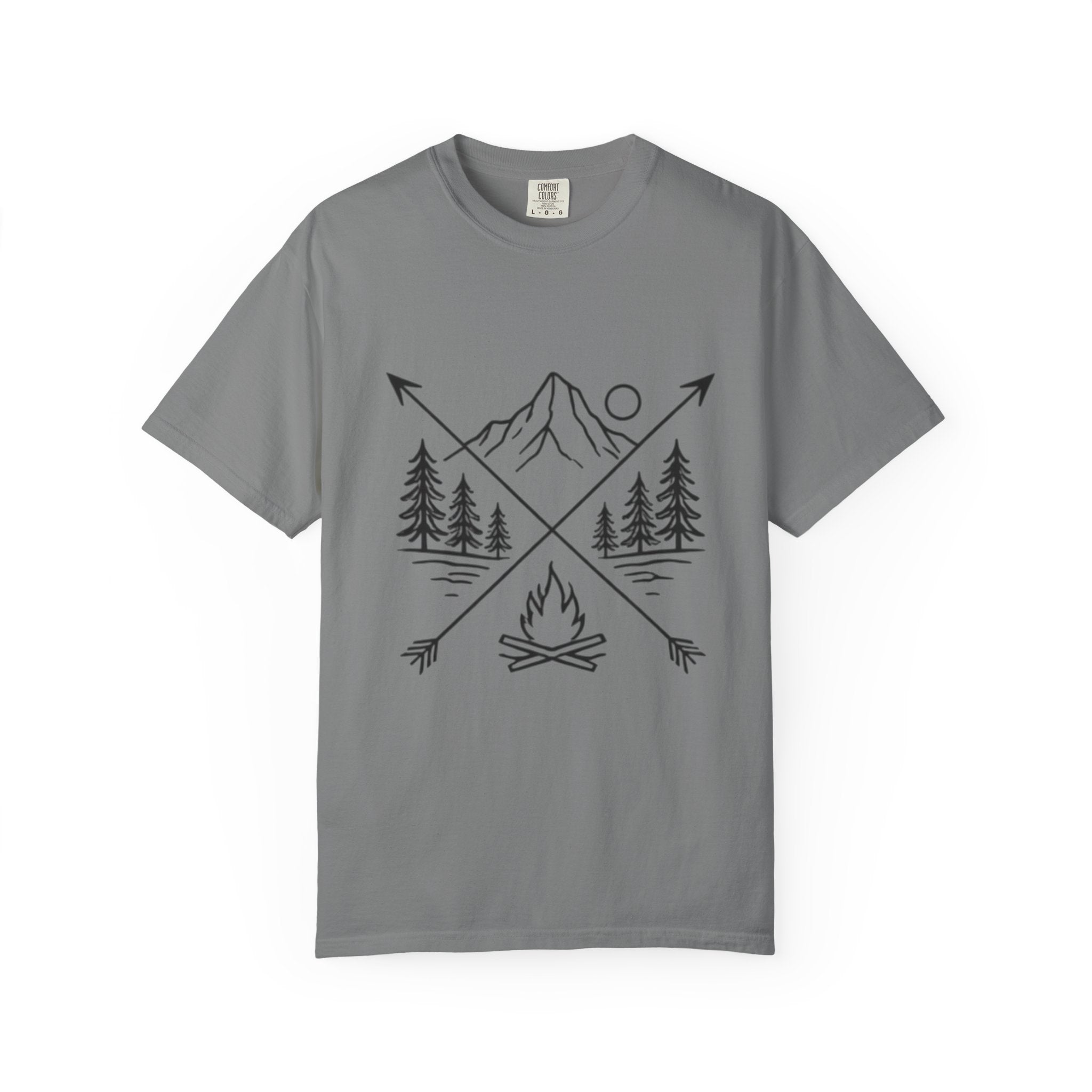 Campfire Mountain T-Shirt | Outdoor Adventure Tee with Arrows & Pines