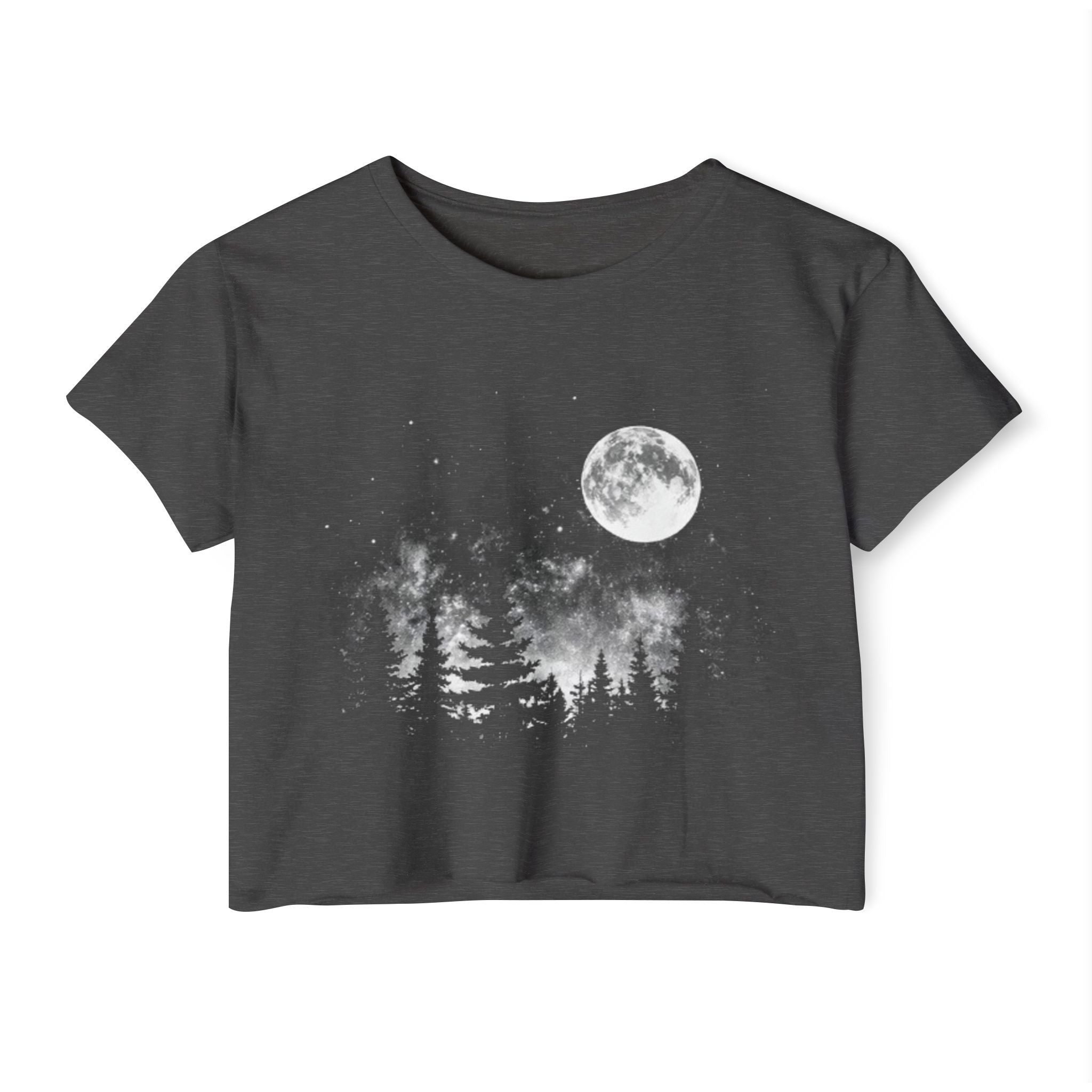 Moonlit Forest Crop Top | Women's Festival Moon & Pine Tree Graphic