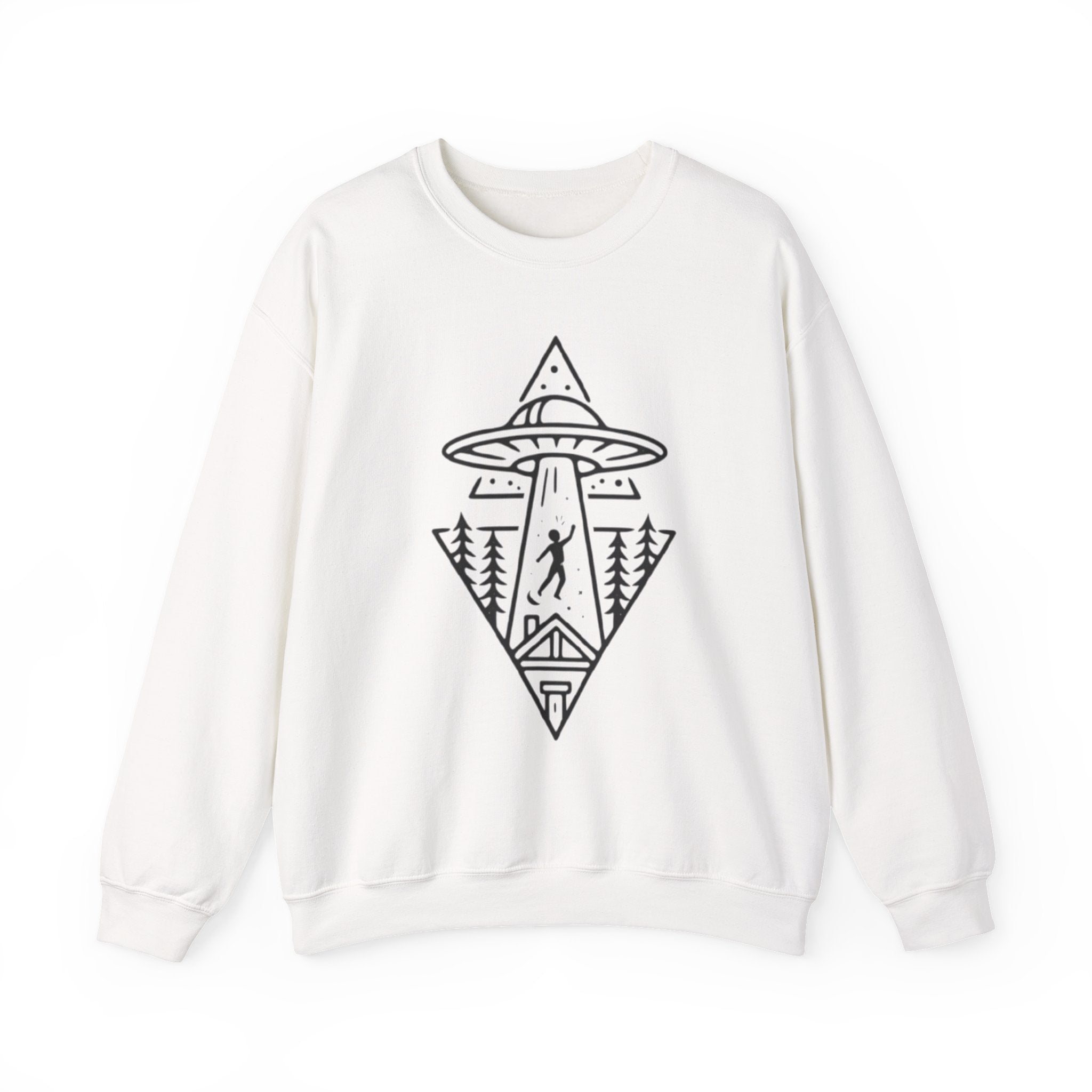 Alien Abduction Crewneck Sweatshirt | Geometric UFO Forest Design