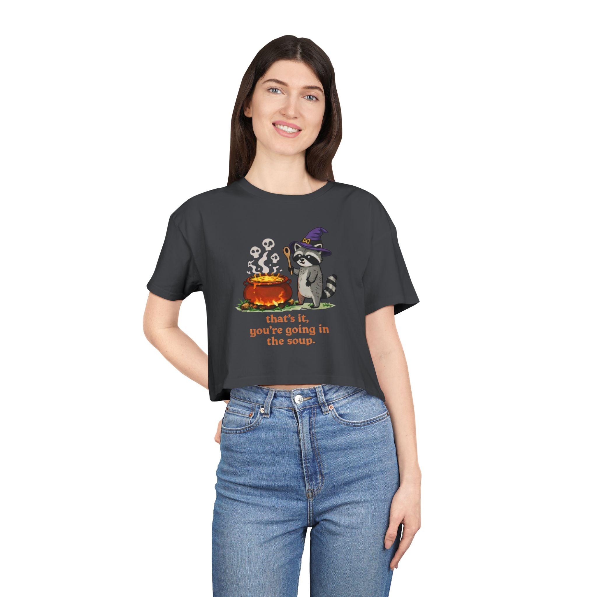 Witch Raccoon Crop Tee | "thats it youre going in the soup" Halloween Graphic Top