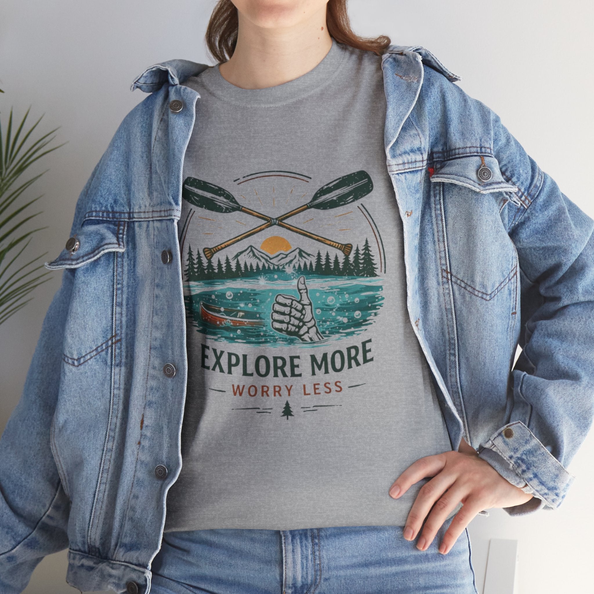 Explore More Worry Less T-Shirt | Outdoor Camping Canoe Graphic Skeleton Tee