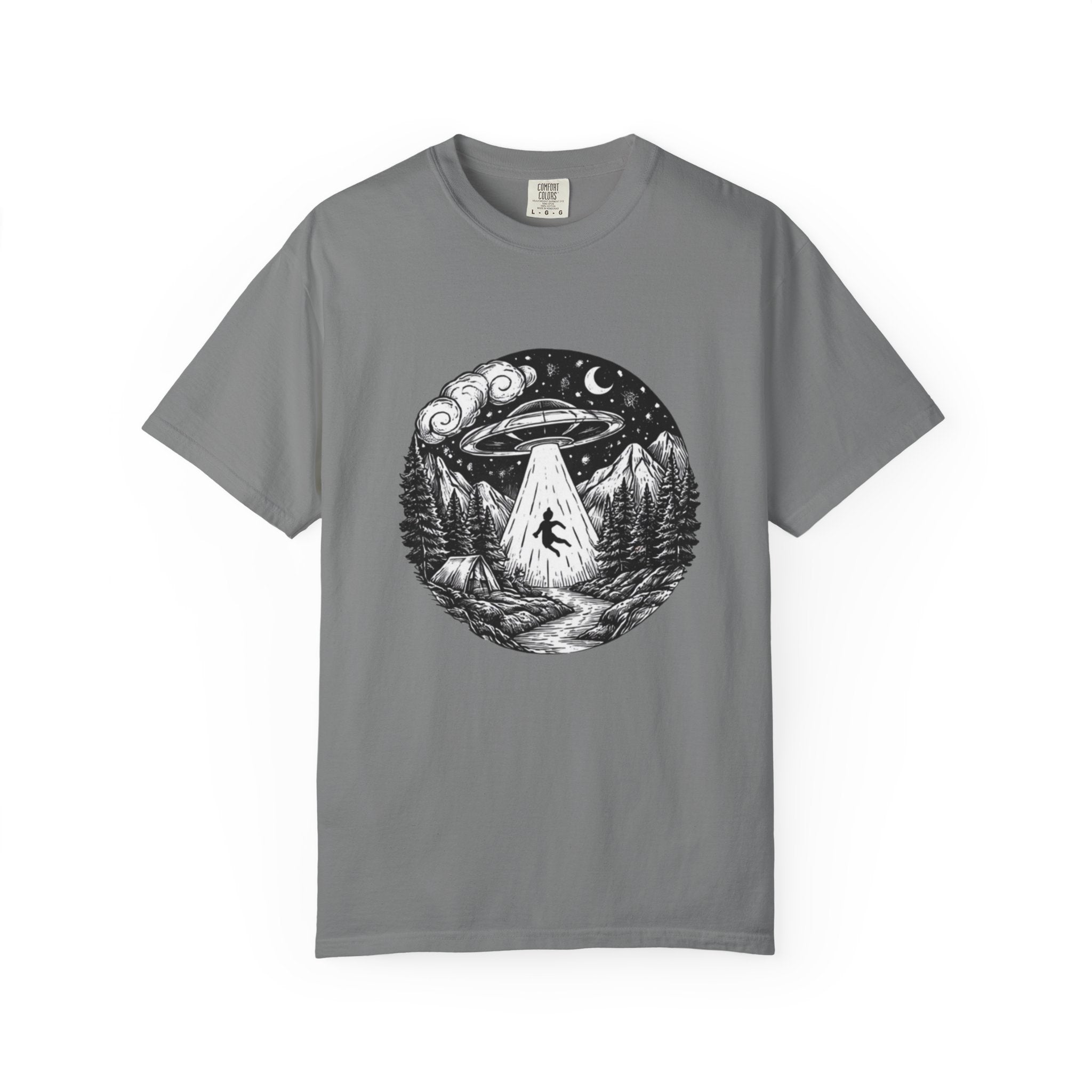 Alien Abduction Forest T-Shirt | Retro UFO Nature Graphic Tee