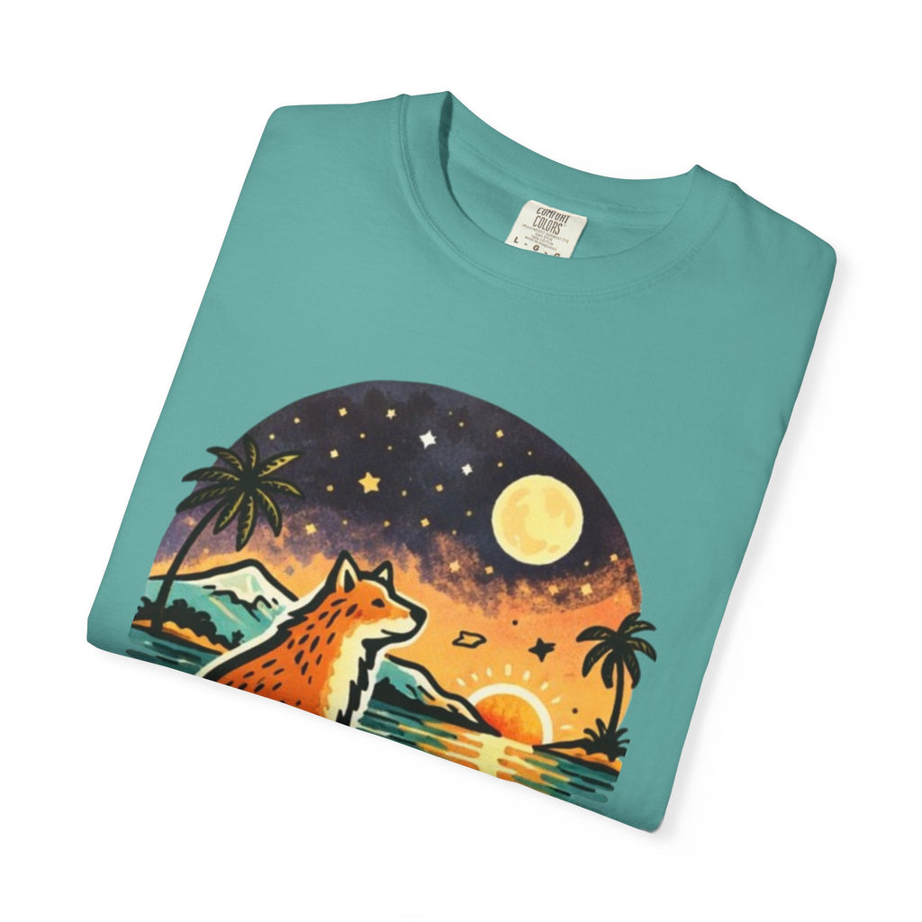 Fox Sunset T-Shirt - Beach Fox Graphic Tee with Skull, Moon & Palm Trees