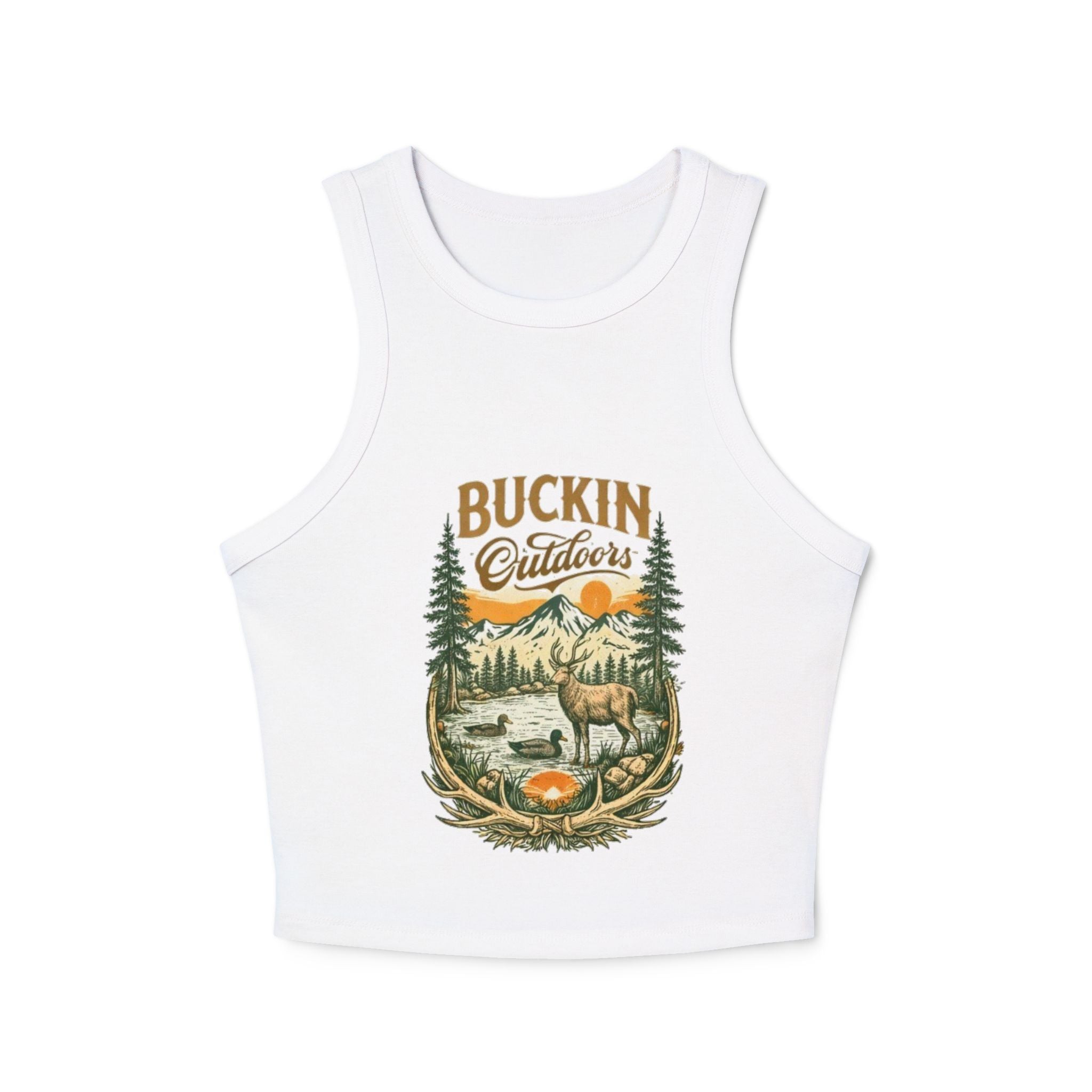 Buckin Outdoors Racer Tank | Womens Crop Tank Top with Vintage Elk Camping Design