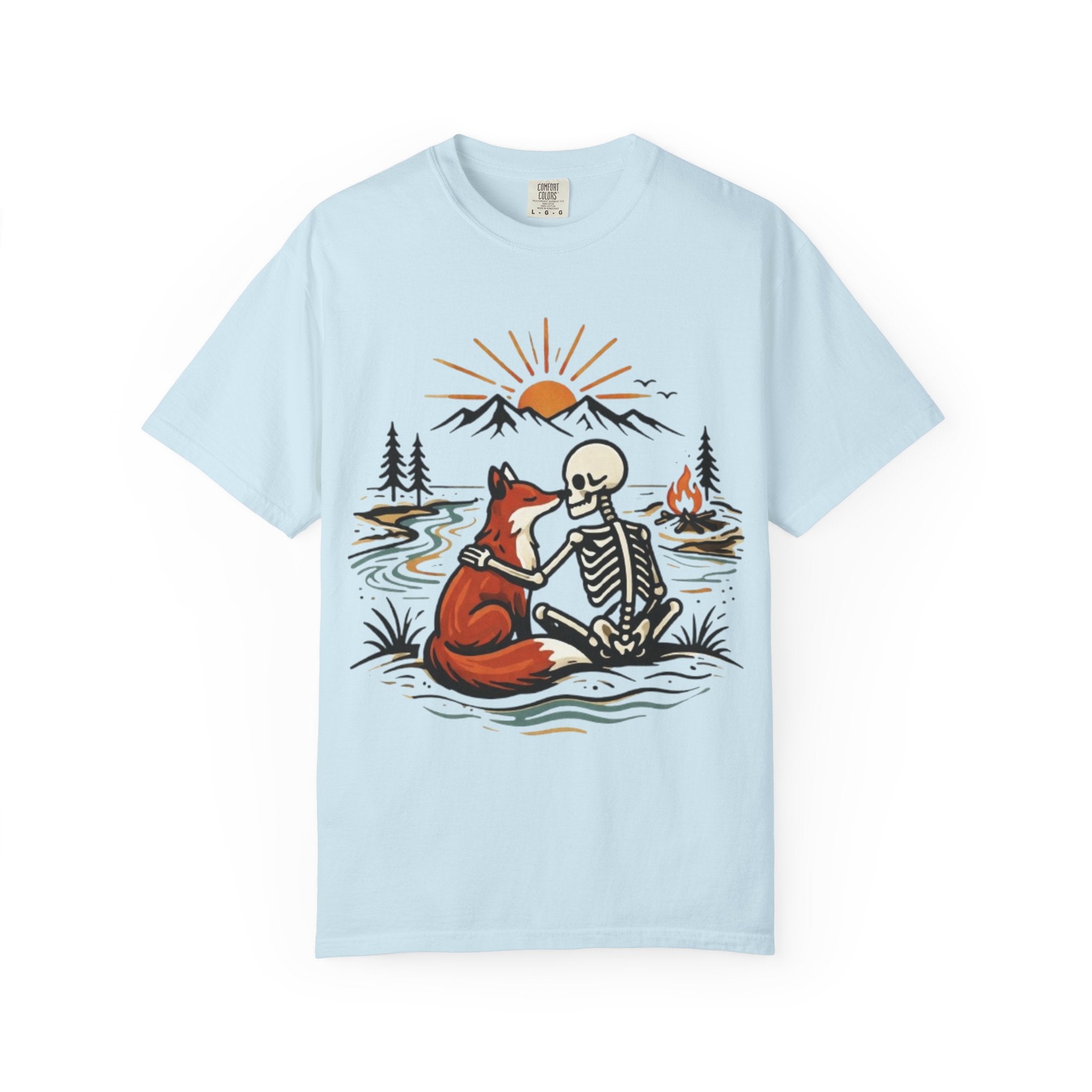 Skeleton & Fox Tee Retro Campfire Nature Graphic T-Shirt