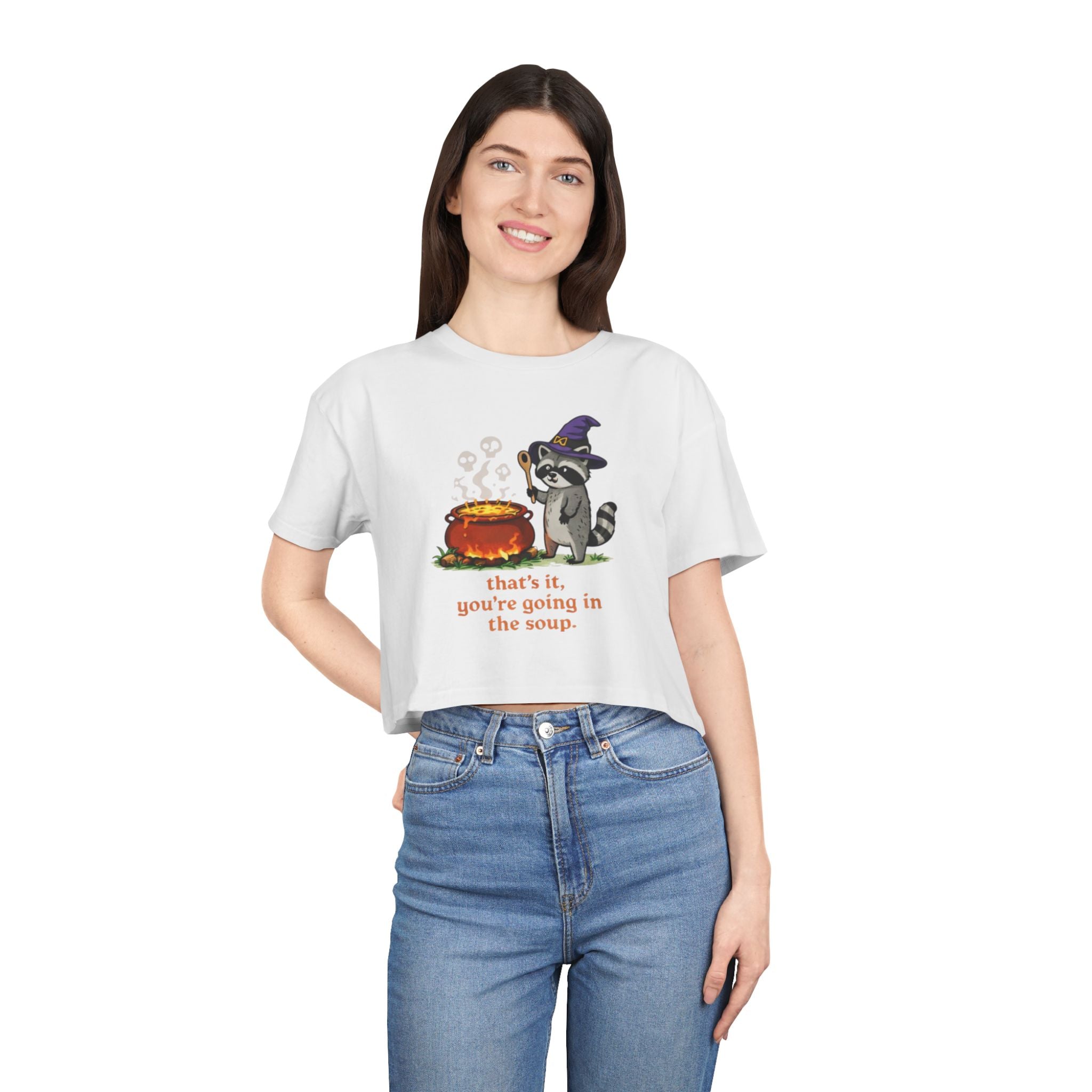 Witch Raccoon Crop Tee | "thats it youre going in the soup" Halloween Graphic Top