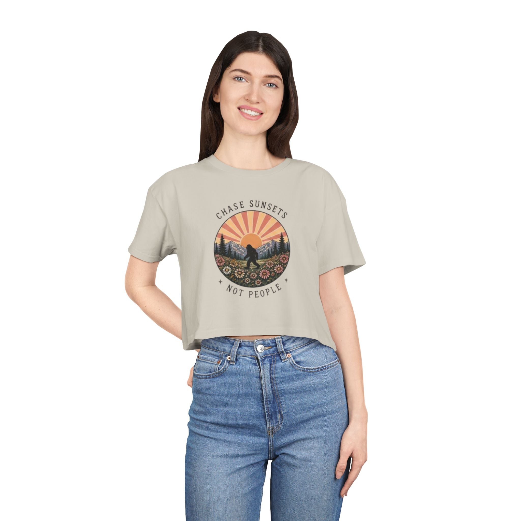 Crop Tee | "Chase Sunsets Not People" Retro Sunset Graphic