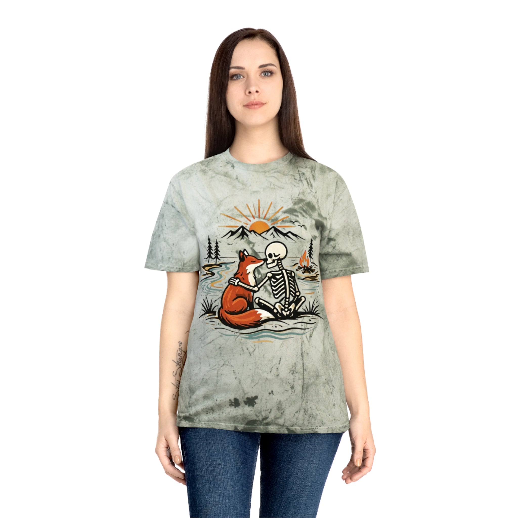 Fox & Skeleton Sunset T-Shirt | Vintage Nature Graphic Tee