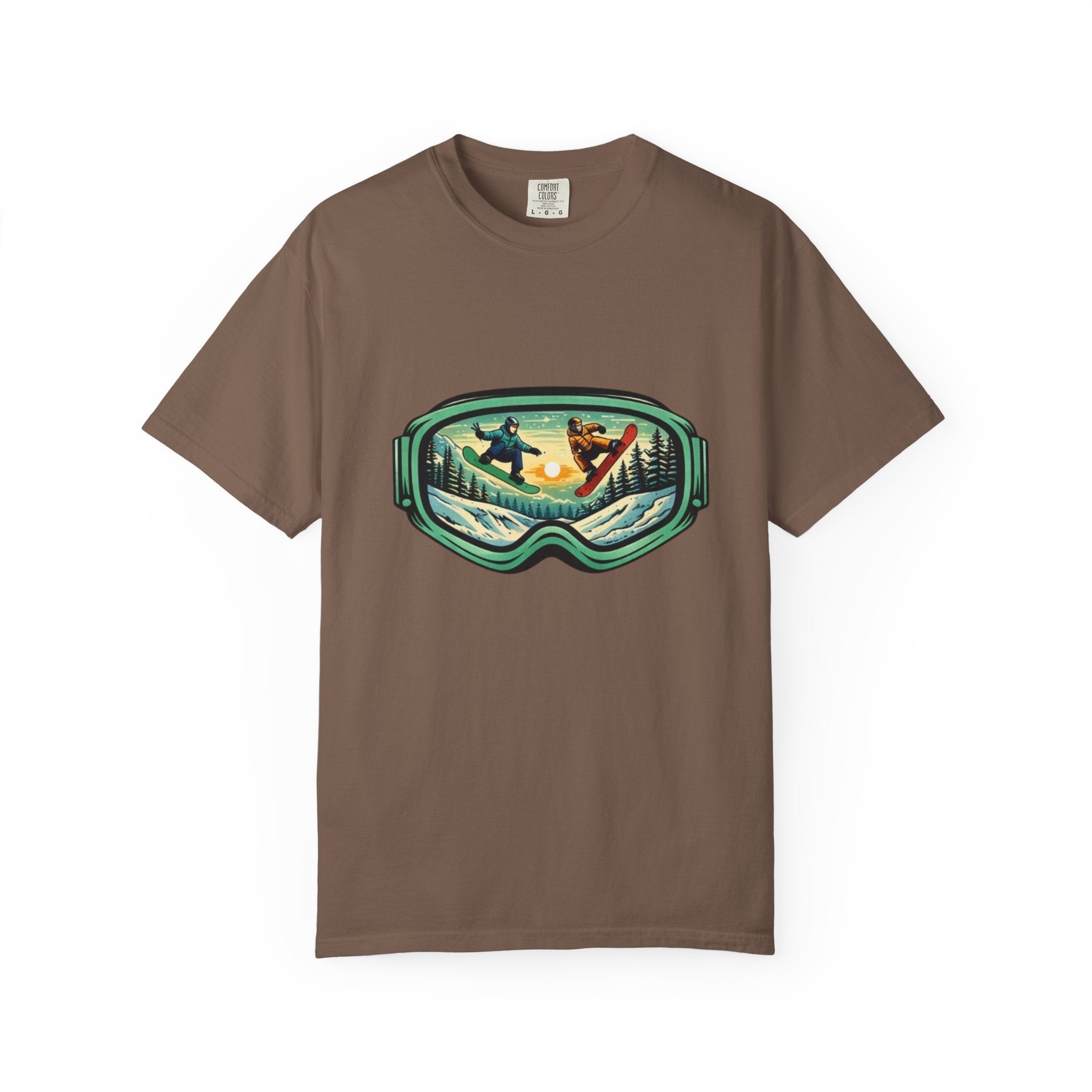 Snowboard Goggles Graphic T-Shirt | Mountain Scene with Ride the Ridge Design