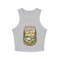 Buckin Outdoors Racer Tank | Womens Crop Tank Top with Vintage Elk Camping Design
