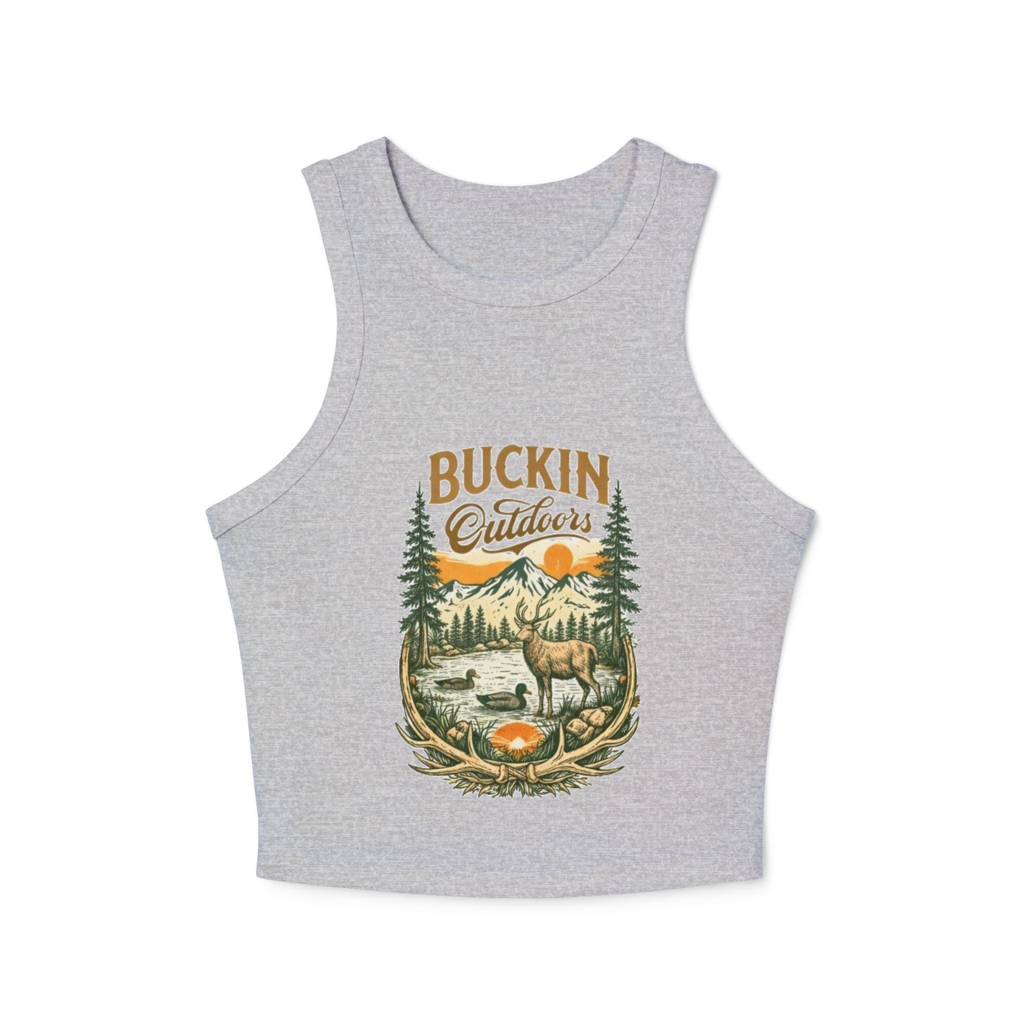 Buckin Outdoors Racer Tank | Womens Crop Tank Top with Vintage Elk Camping Design