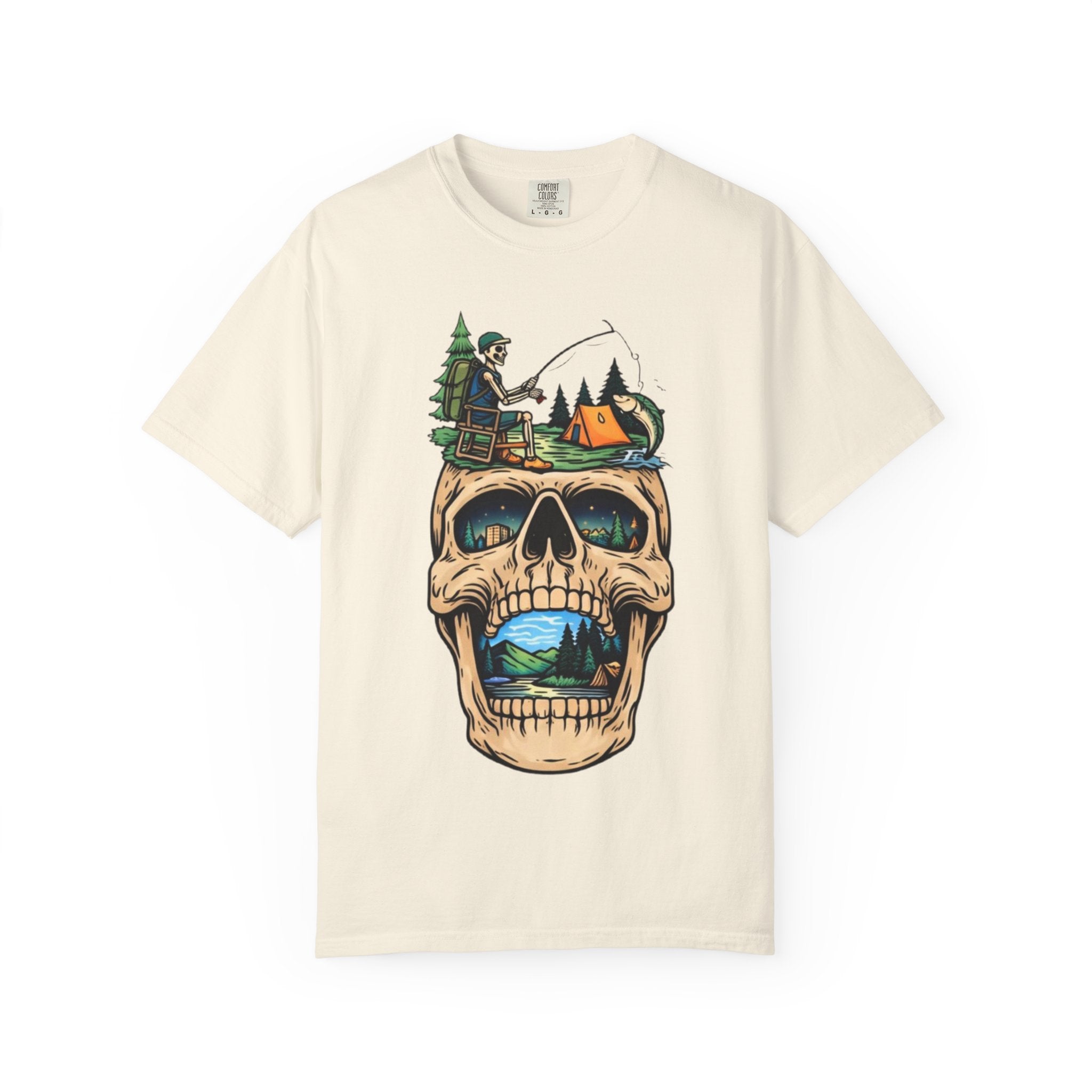 Skull Camping Scene T-shirt | Fishing, Tent, Forest Outdoor Graphic