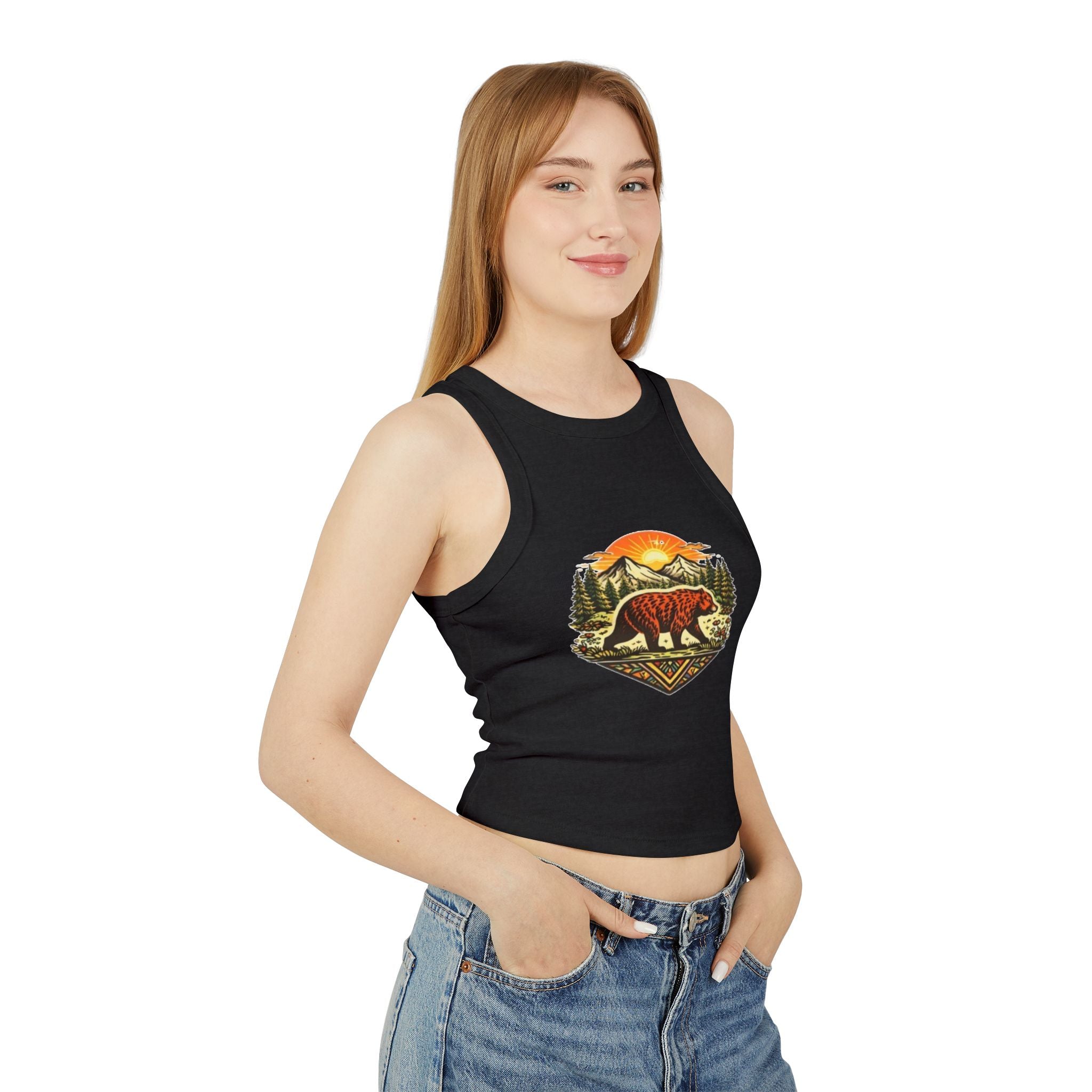 Bear Sunrise Racer Tank Top | Womens Graphic Nature Crop Tank