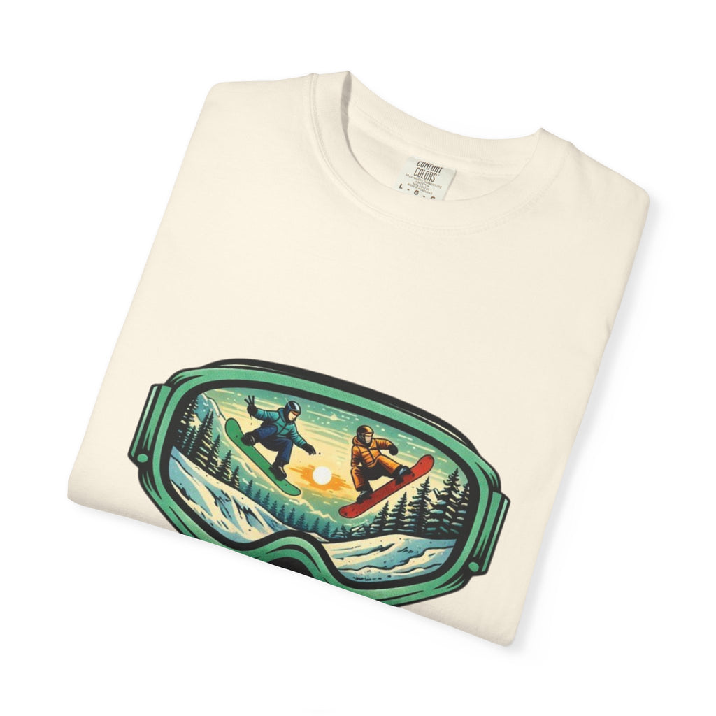 Snowboard Goggles Graphic T-Shirt | Mountain Scene with Ride the Ridge Design
