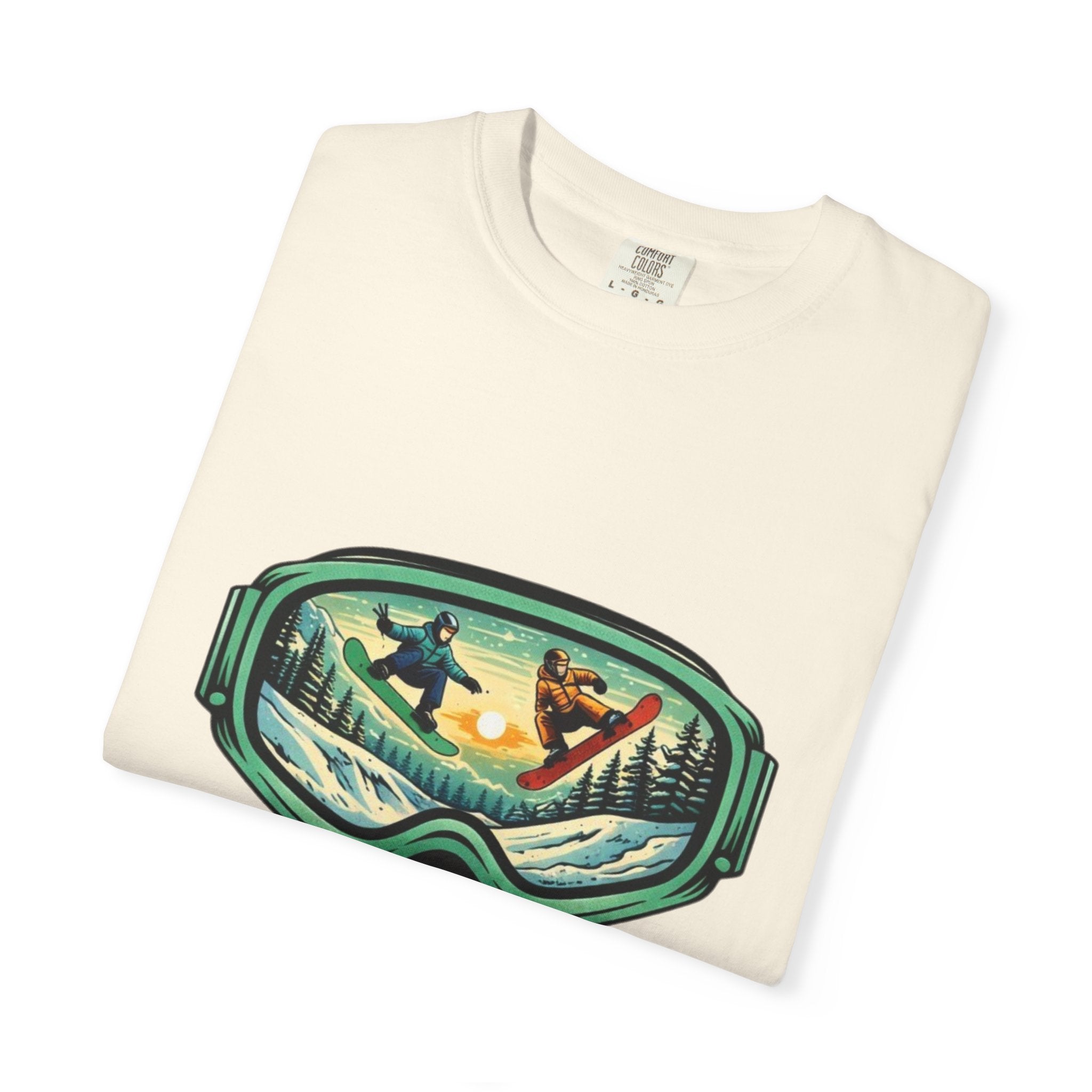Snowboard Goggles Graphic T-Shirt | Mountain Scene with Ride the Ridge Design