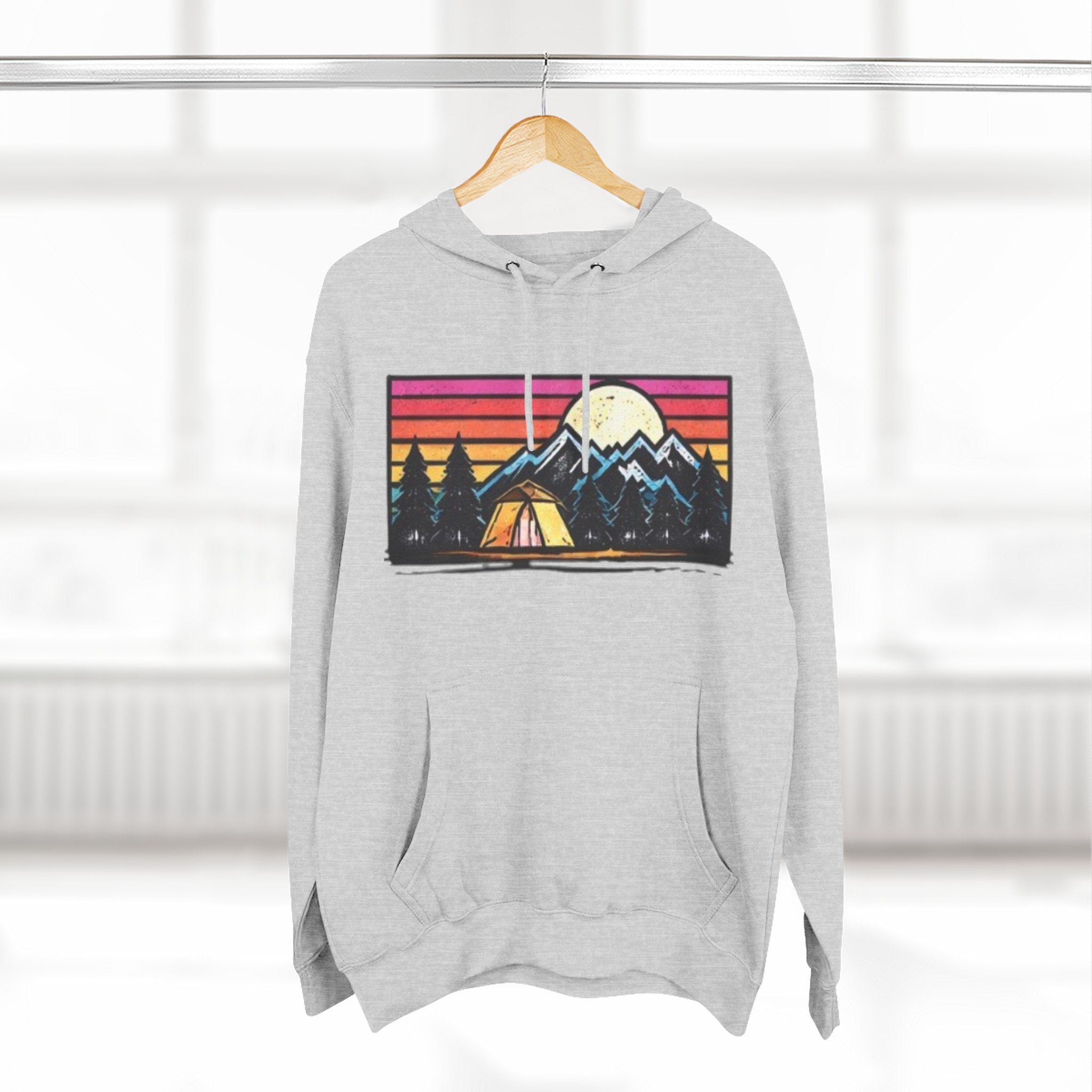 Retro Mountain Camping Hoodie — Sunrise Tent Graphic Fleece Hoodie
