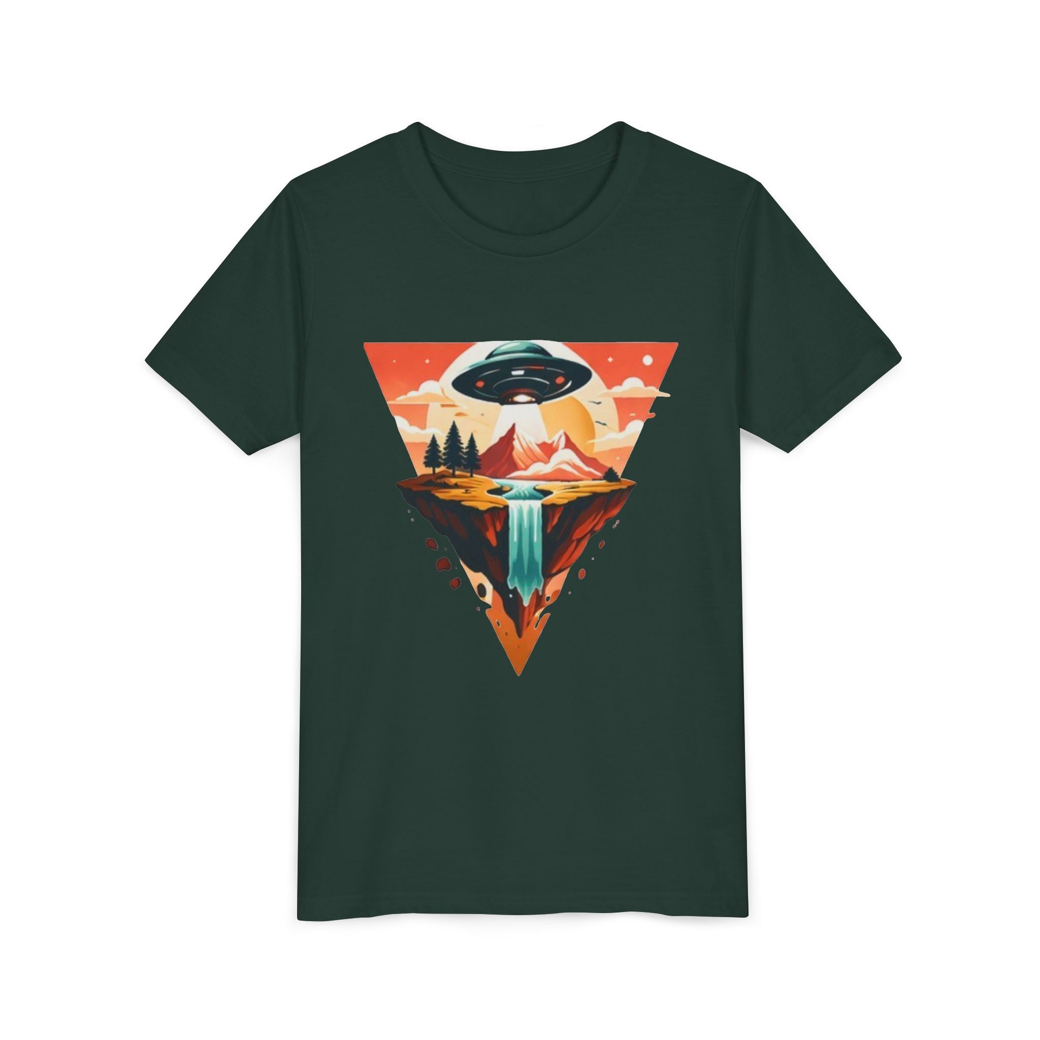 Youth Tee | UFO Mountain Landscape Graphic Tee | Alien Abduction Adventure