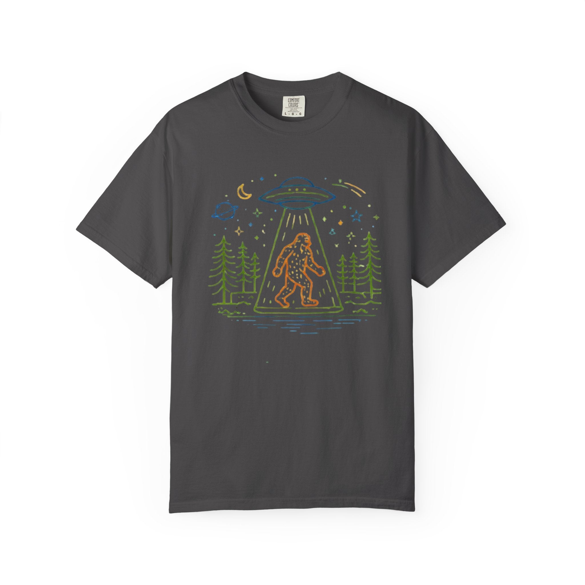 Bigfoot UFO Abduction T-Shirt | Retro Line Art Sasquatch Tee