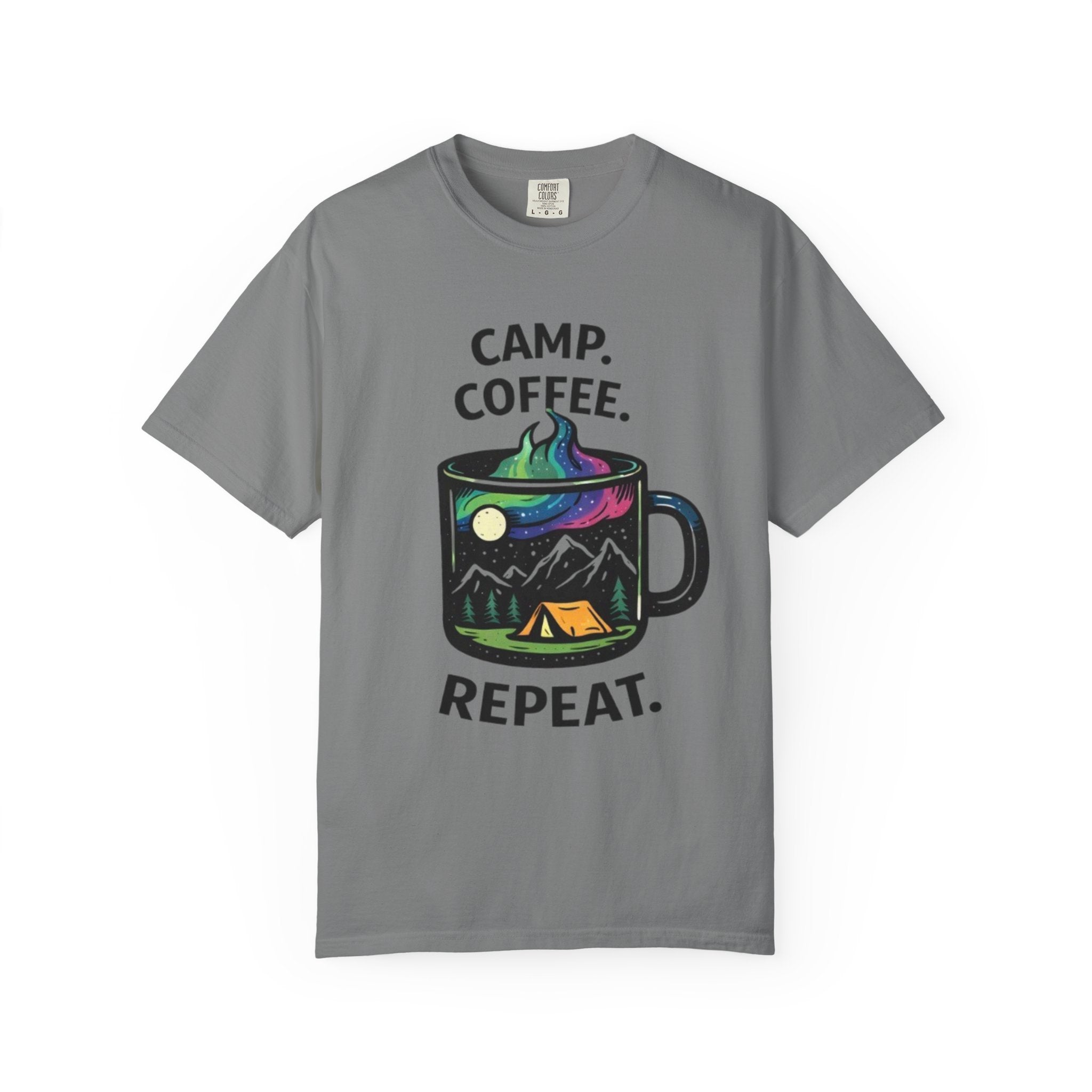 Camp Coffee Repeat T-Shirt | Camping Mug Graphic Tee