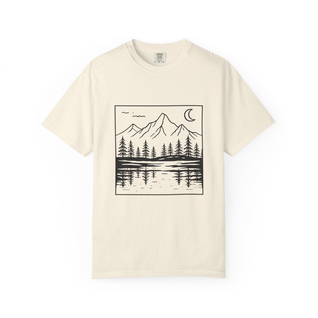 Mountain Lake T-Shirt | Minimal Nightscape with Pine Trees & Crescent Moon