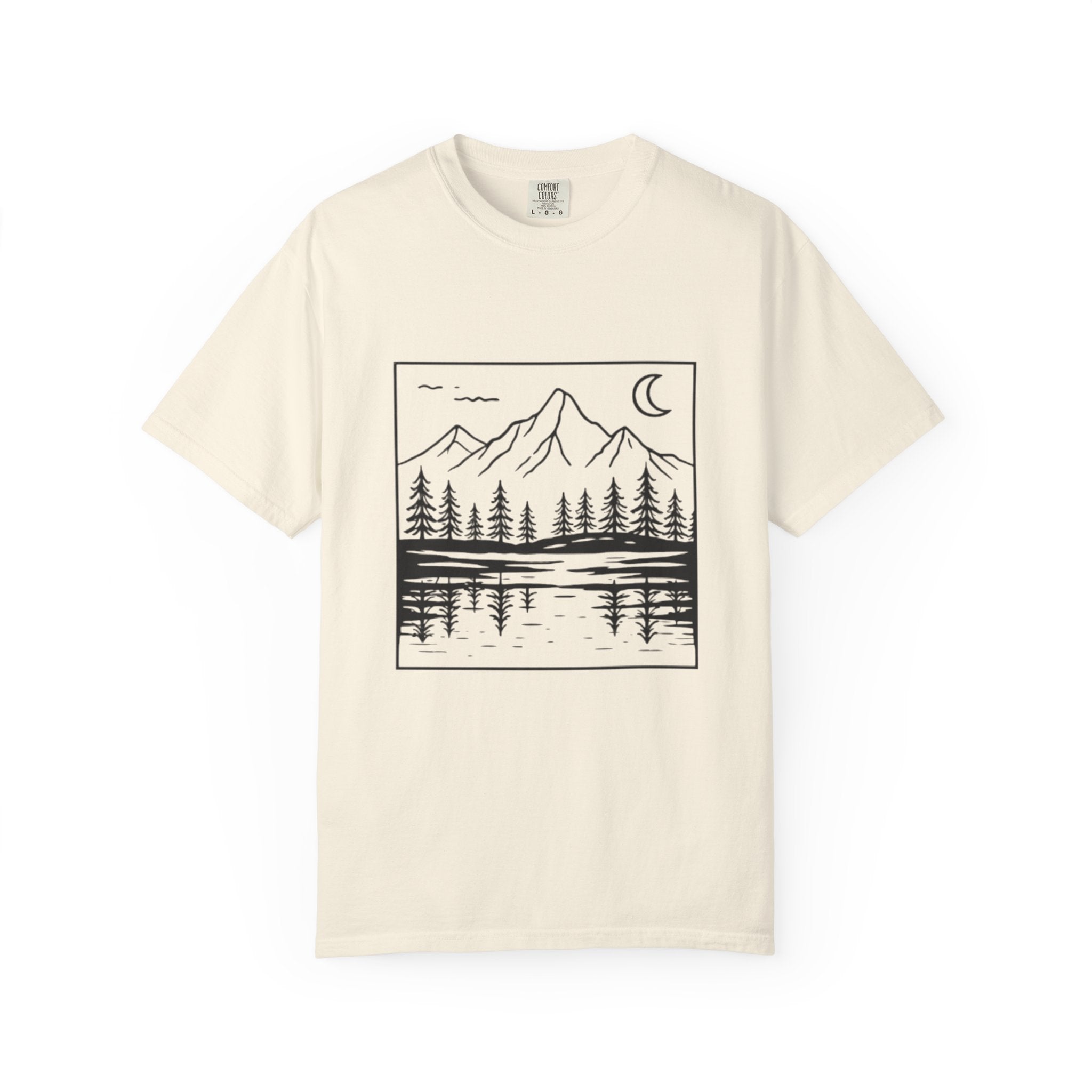 Mountain Lake T-Shirt | Minimal Nightscape with Pine Trees & Crescent Moon