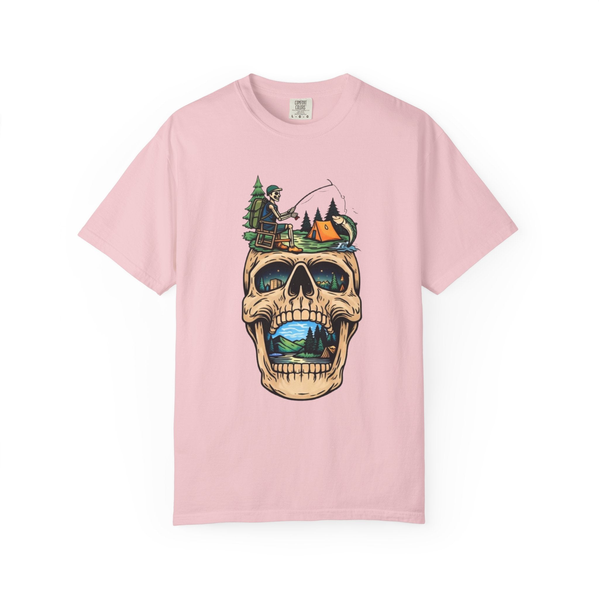 Skull Camping Scene T-shirt | Fishing Camper, Tent & Forest Graphic