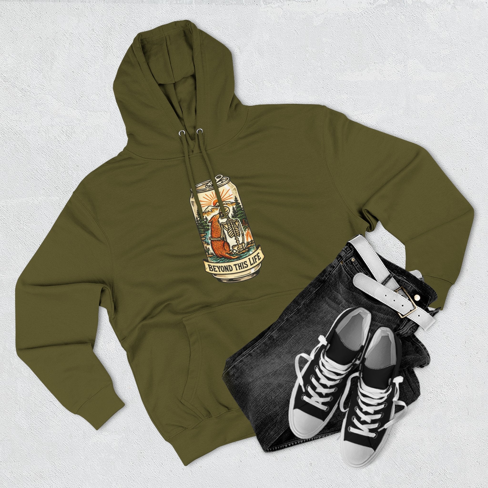 Vintage Skeleton and Dog Camper Hoodie | Beyond This Life Retro Travel Graphic