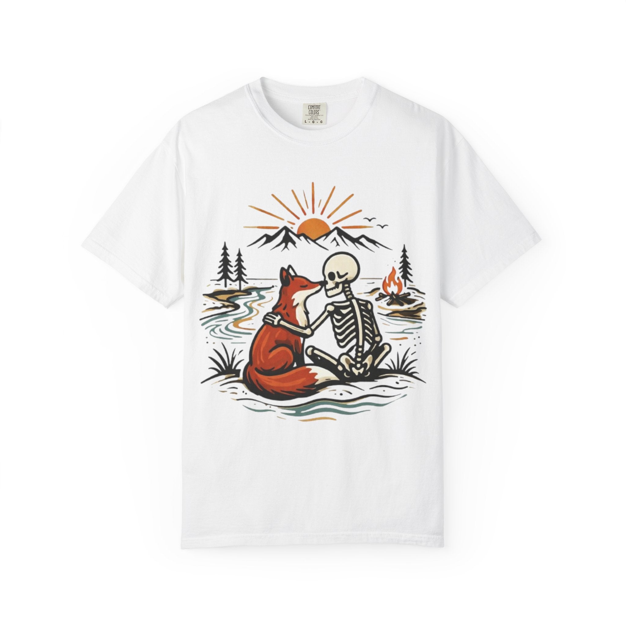 Skeleton & Fox Tee Retro Campfire Nature Graphic T-Shirt