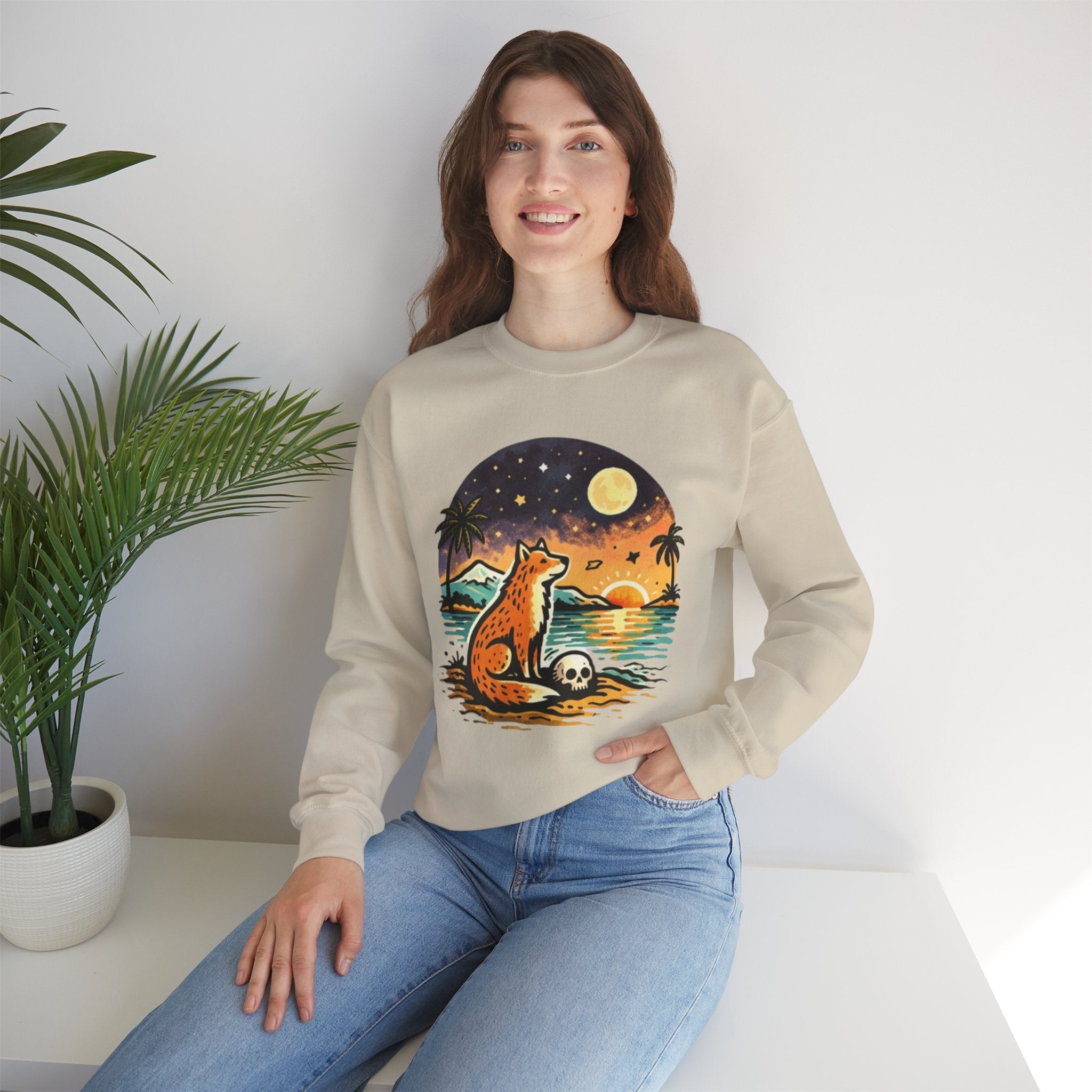 Crewneck Sweatshirt | Sunset Fox Beach Scene Graphic