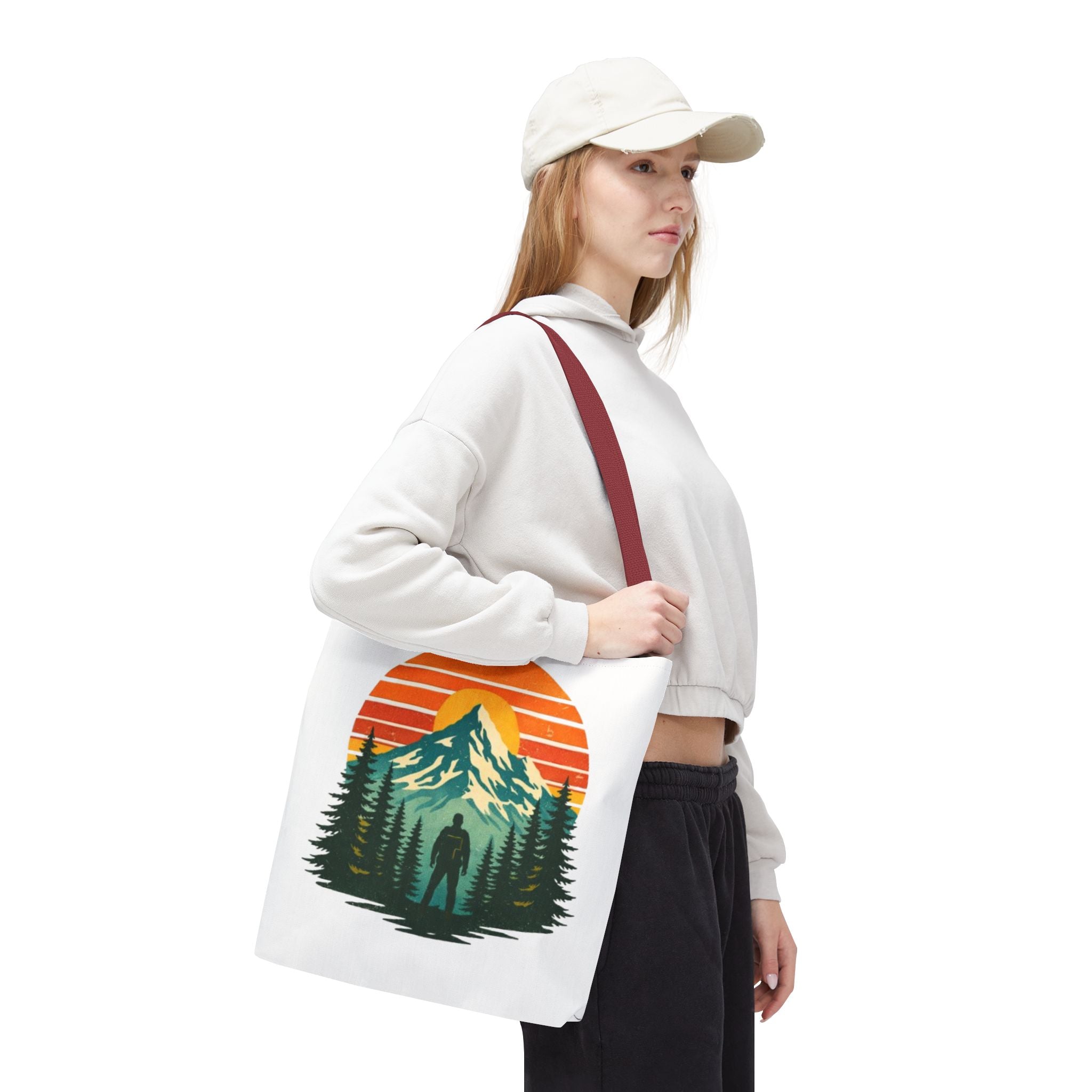 Retro Hiking Mountainscape Sunset Tote Bag