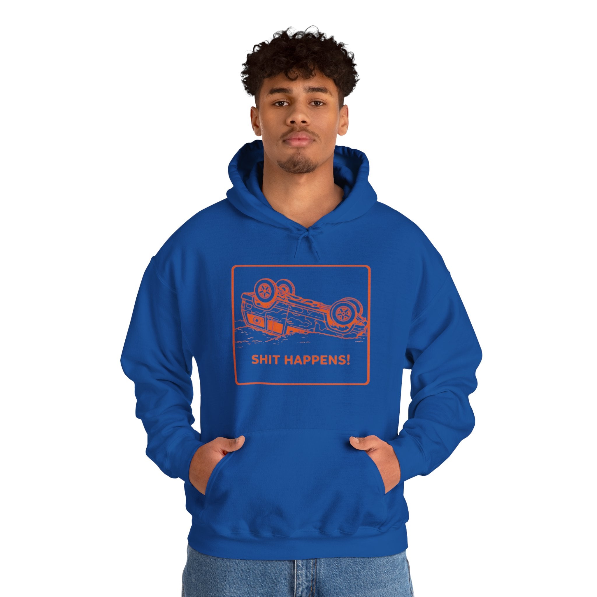 Hoodie | "Shit Happens" Upside-Down Car Graphic Comfort Hoodie