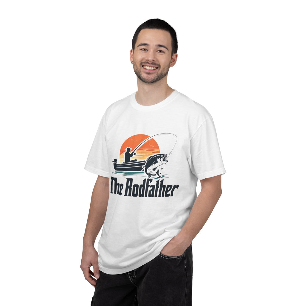 The Rodfather fishing silhouette T-Shirt | Bass boat sunset design