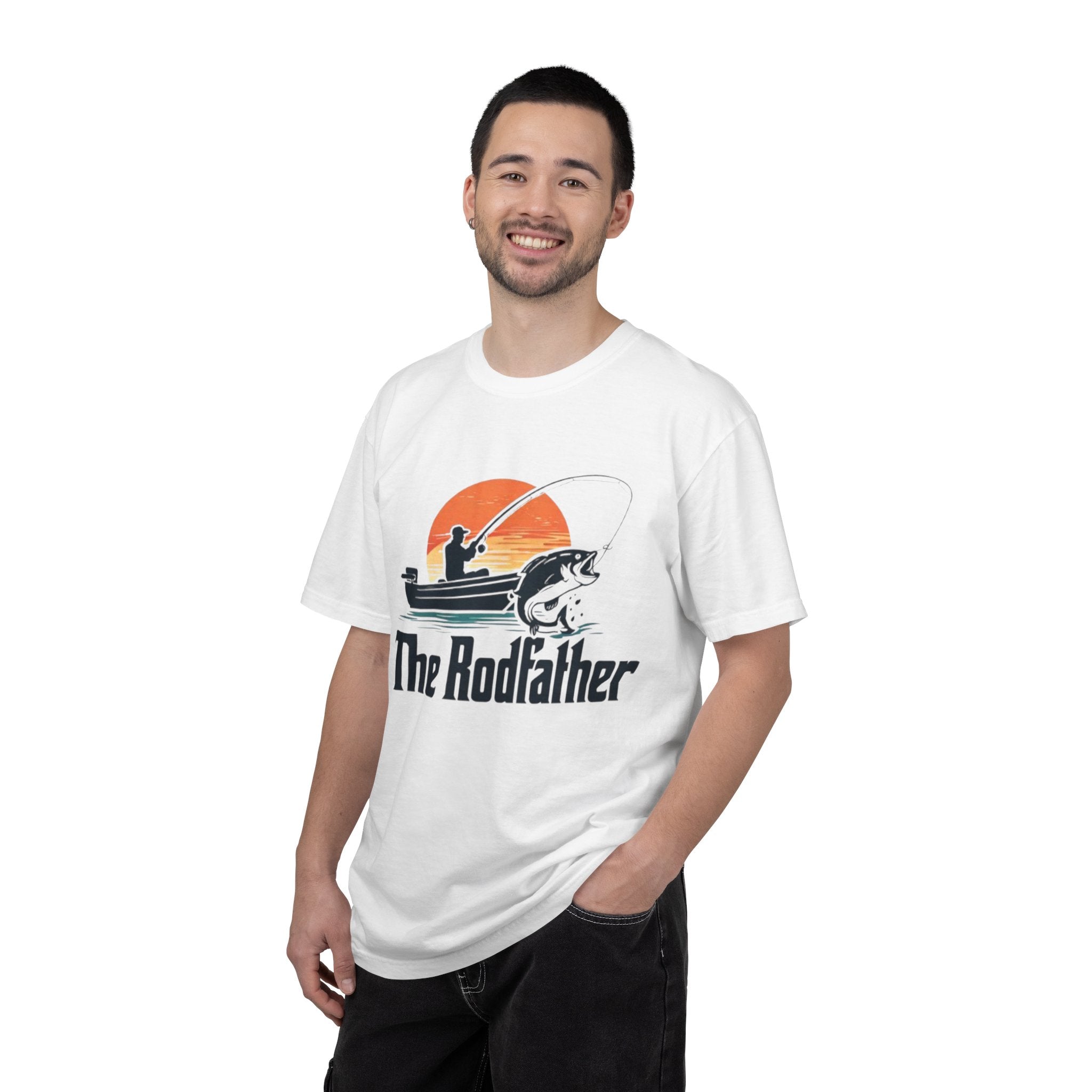 The Rodfather fishing silhouette T-Shirt | Bass boat sunset design