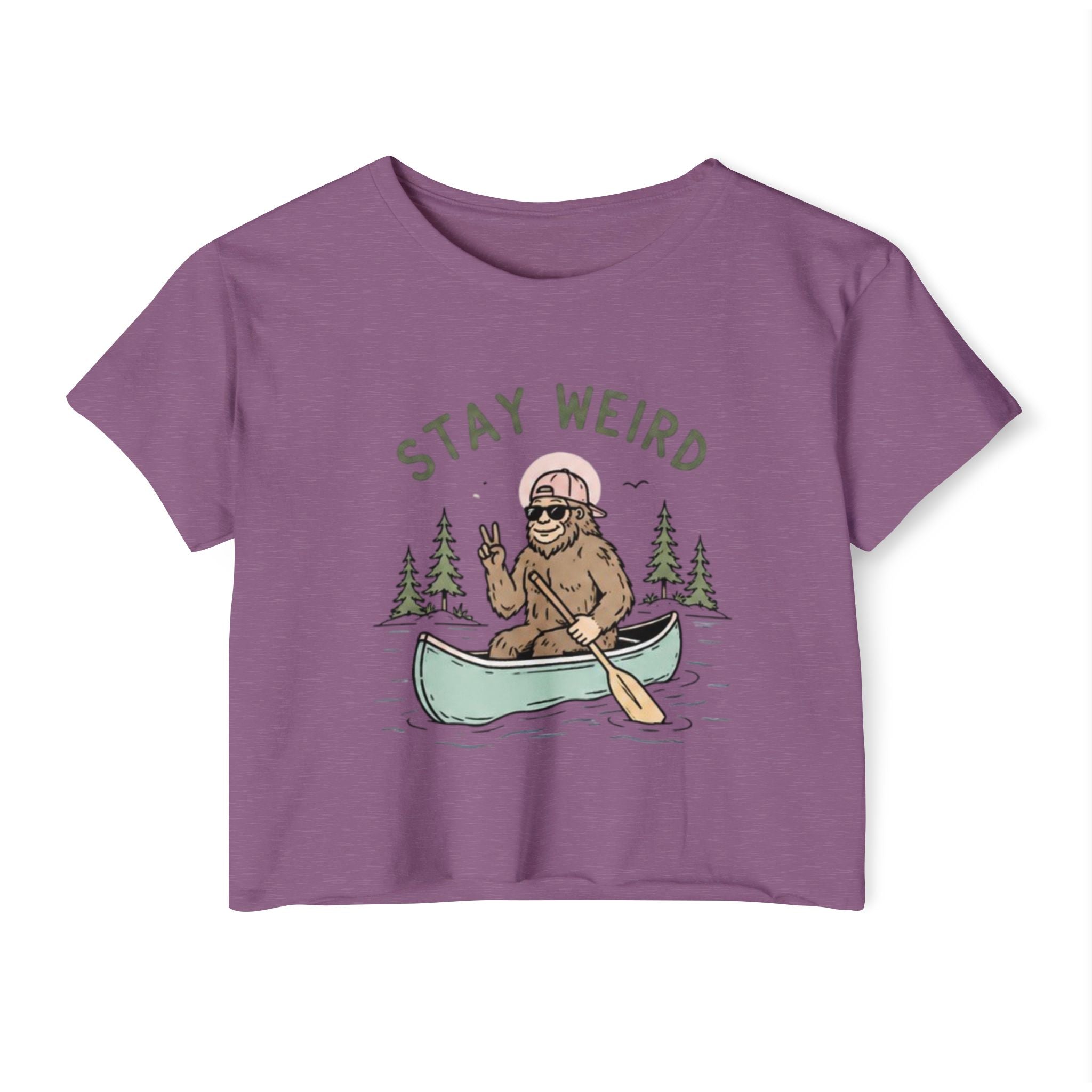 Stay Weird Crop Top | Cute Sasquatch Canoe Graphic Womens Festival Shirt