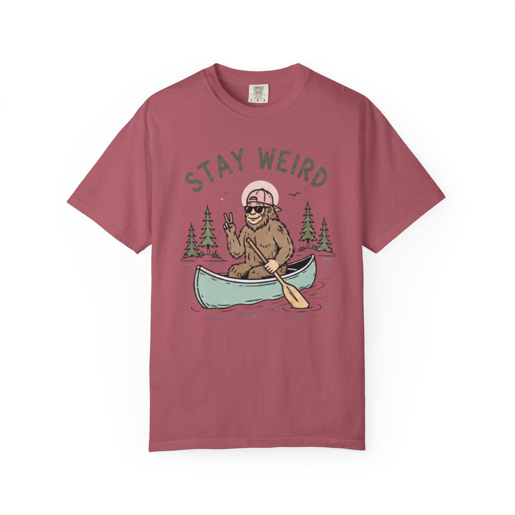 Stay Weird Canoe T-Shirt | Funny Bigfoot Paddling Outdoors Graphic Tee