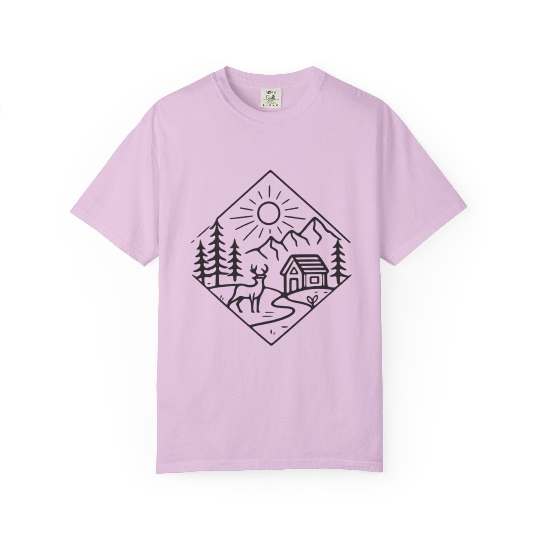 Cabin Adventure Graphic T-Shirt | Mountain, Deer & Forest Line Art