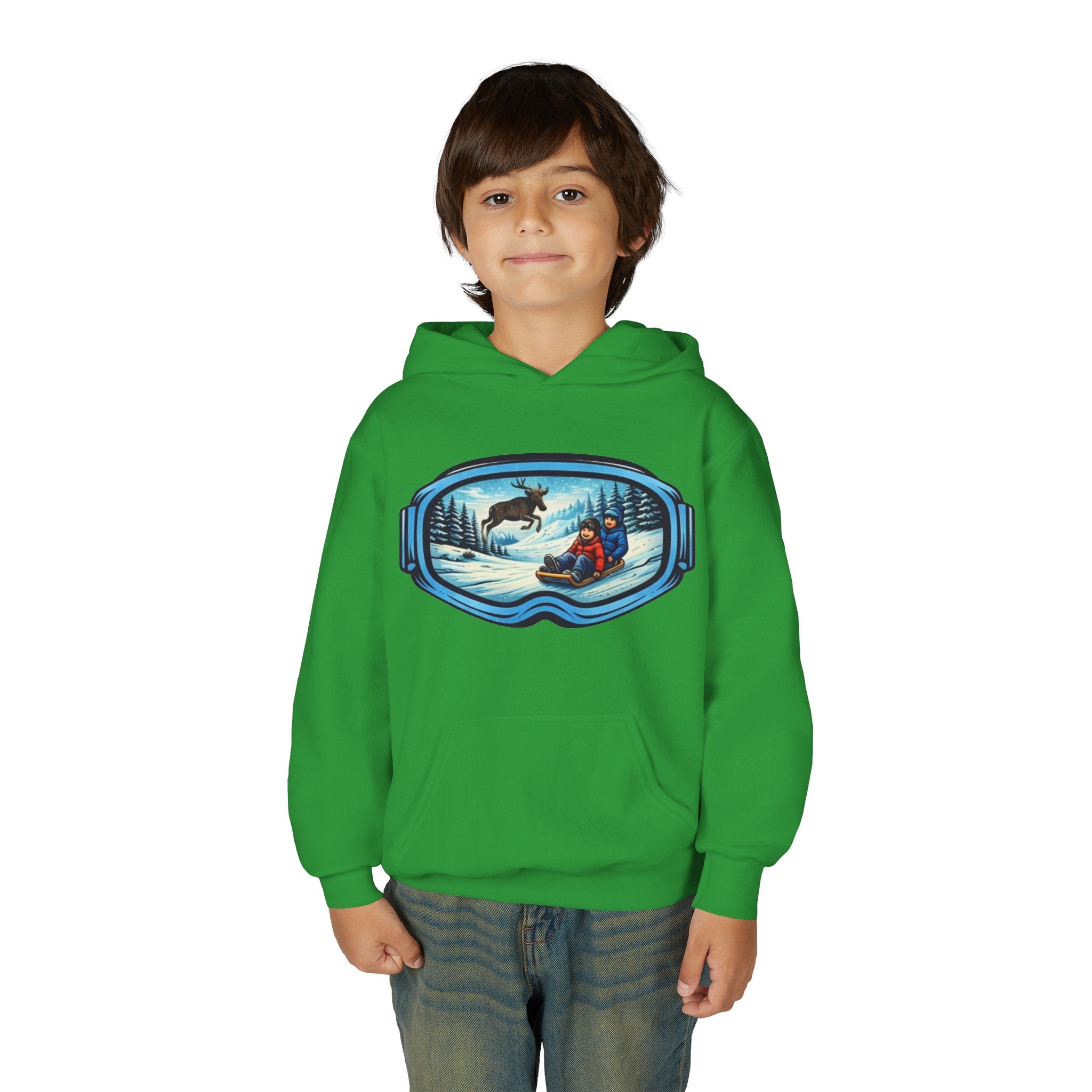 Youth Hoodie | Snow Goggles Winter Sledding Moose Graphic
