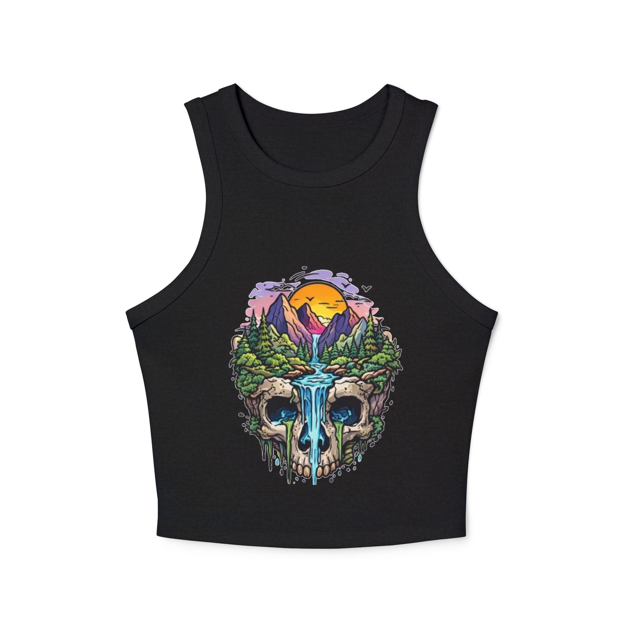 Womens Skull Landscape Racer Tank Top | Waterfall Skull Nature Graphic Crop