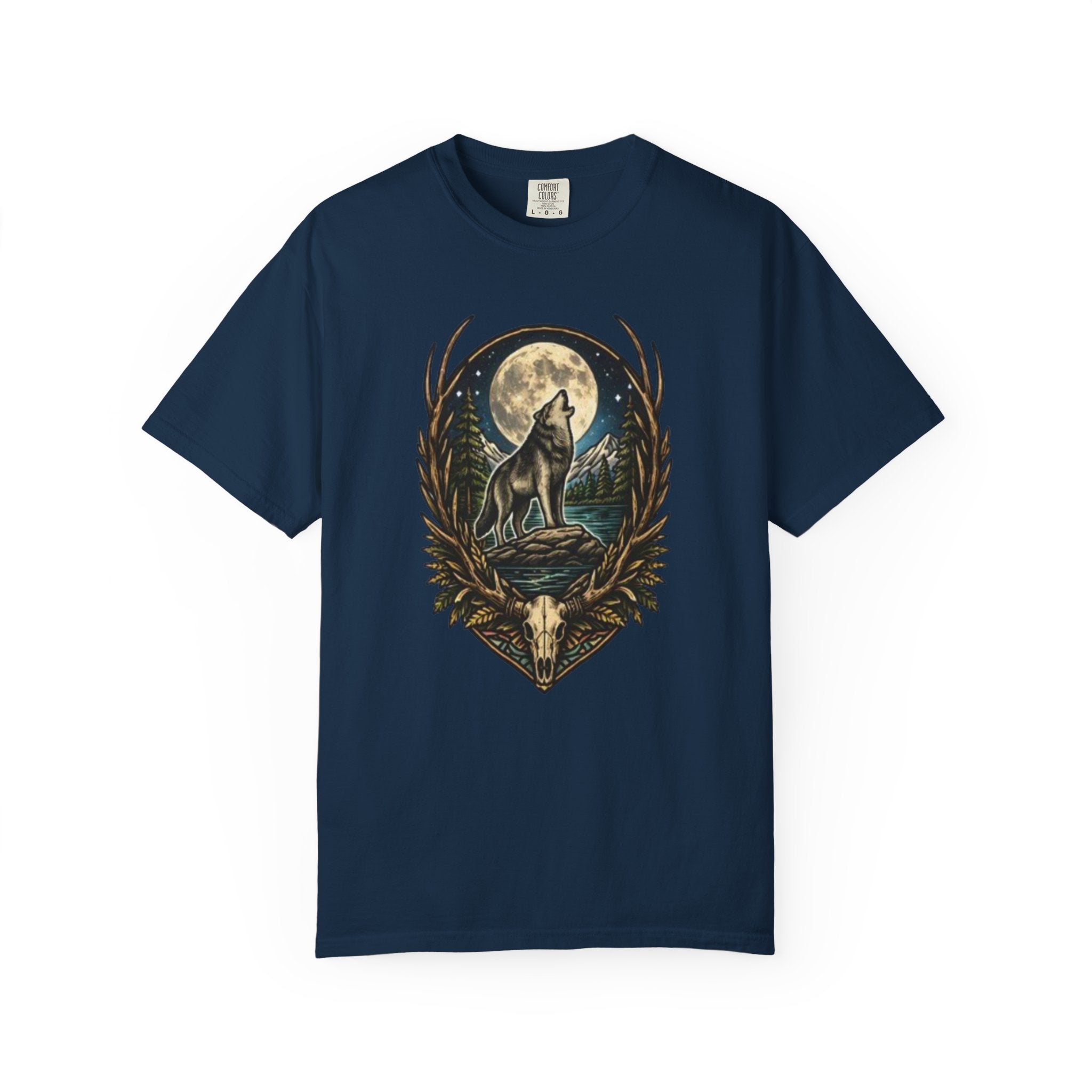 Deer Skull Wolf Howling at Moon Graphic Tee | Gift for Hunter, Outdoorsman & Wolf Lover