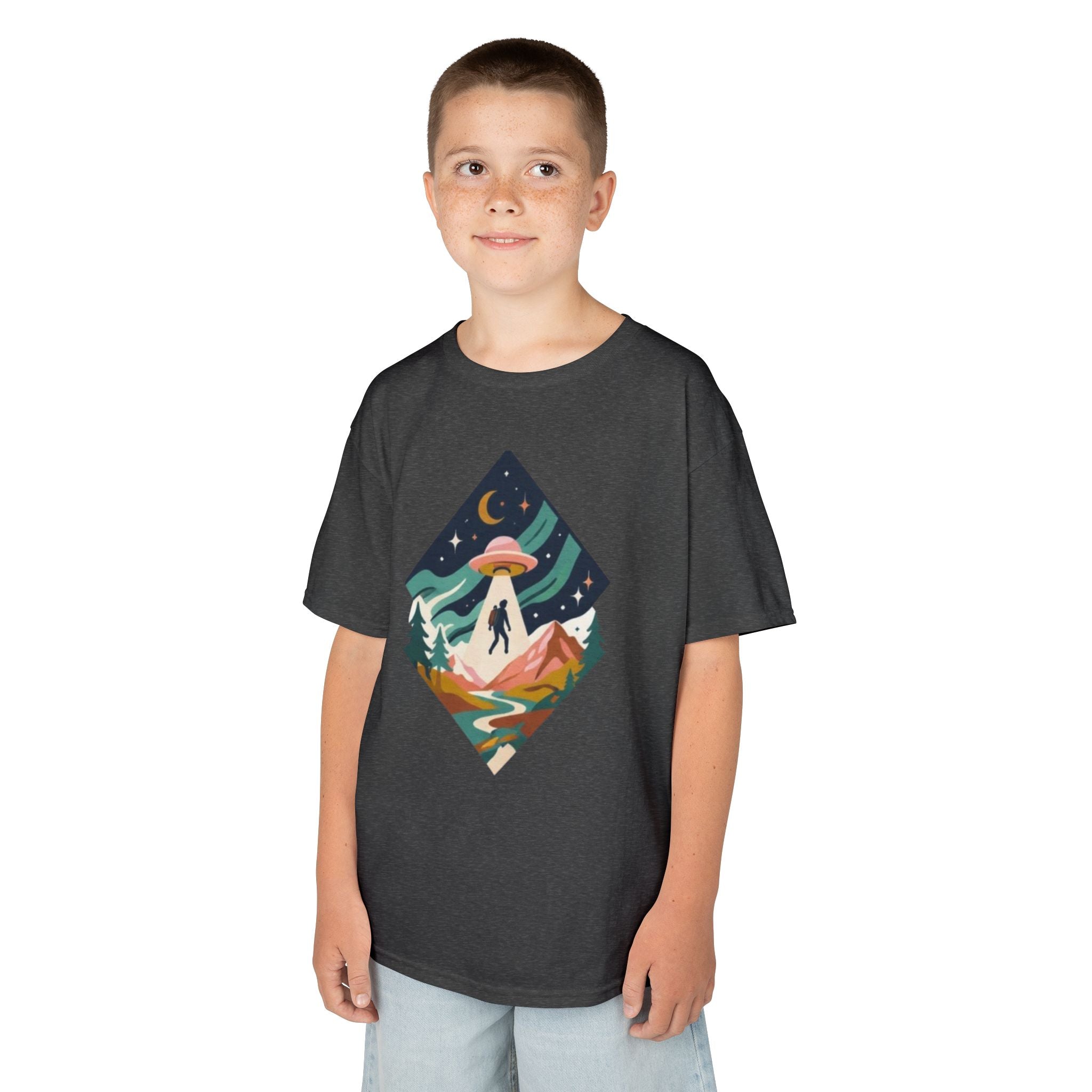 Kids Tee | Colorful UFO Abduction Mountain Scene
