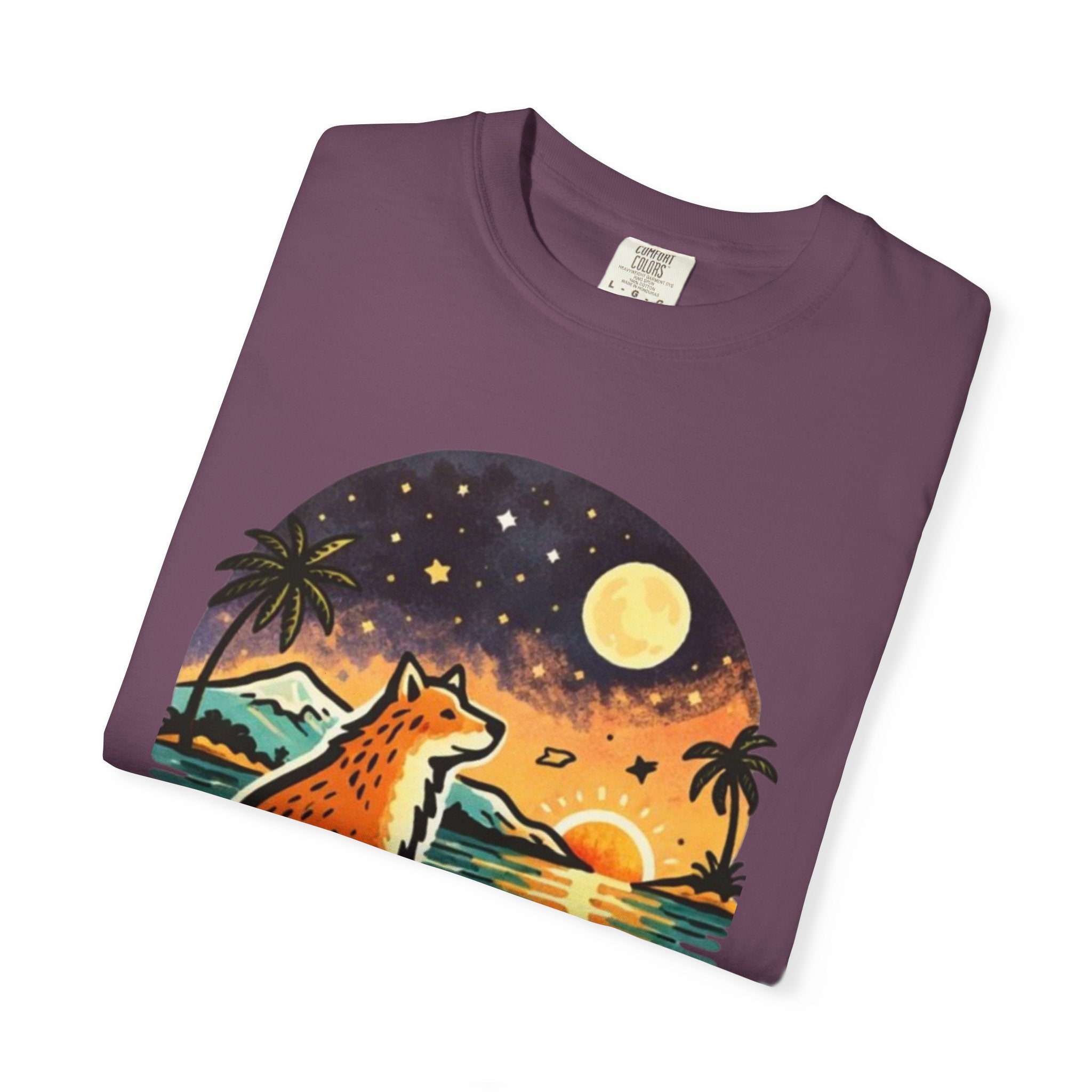 Fox Sunset T-Shirt - Beach Fox Graphic Tee with Skull, Moon & Palm Trees